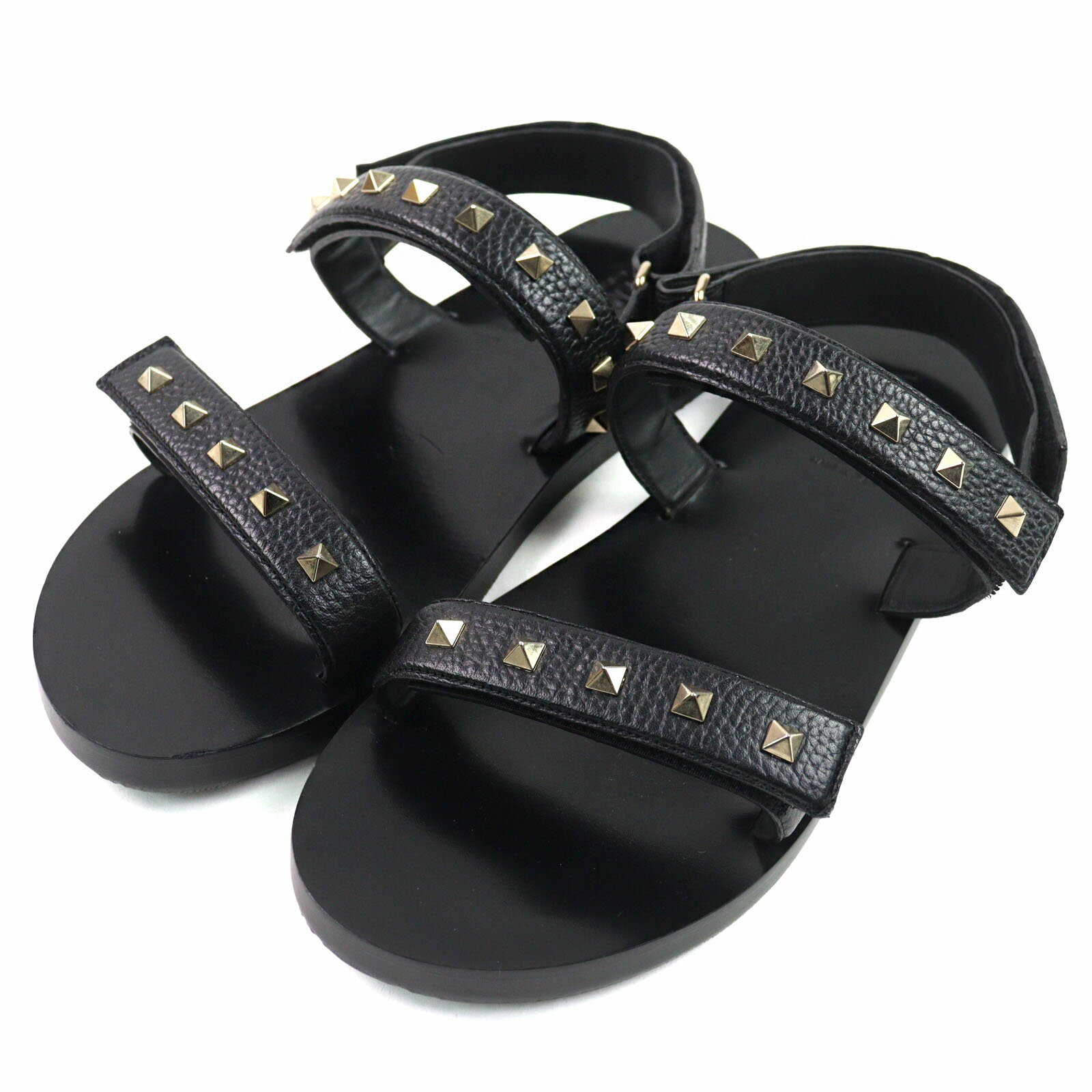【ドンドン見直し】美品○Valentino Garavani ヴァレンティノガラヴァーニ ロックスタッズ ベルトストラップ付き レザー サンダル ブラック系 43 イタリア製 メンズ【中古】