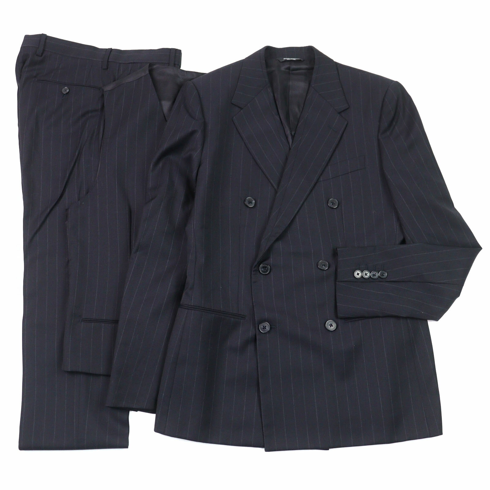 【ドンドン見直し】美品○DOLCE&GABBANA ドルチェ＆ガッバーナ G1UMMT バージンウール100% ダブルブレスト スリーピース スーツ ネイビー ストライプ柄 46 イタリア製 正規品 メンズ【中古】