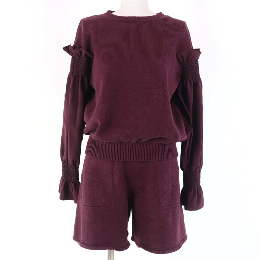 美品☆ADEAM アディアム 42338/42342 コットン ニット 長袖トップス・ショートパンツ セットアップ ボルドー系 S 日本製 正規品 レディース【中古】