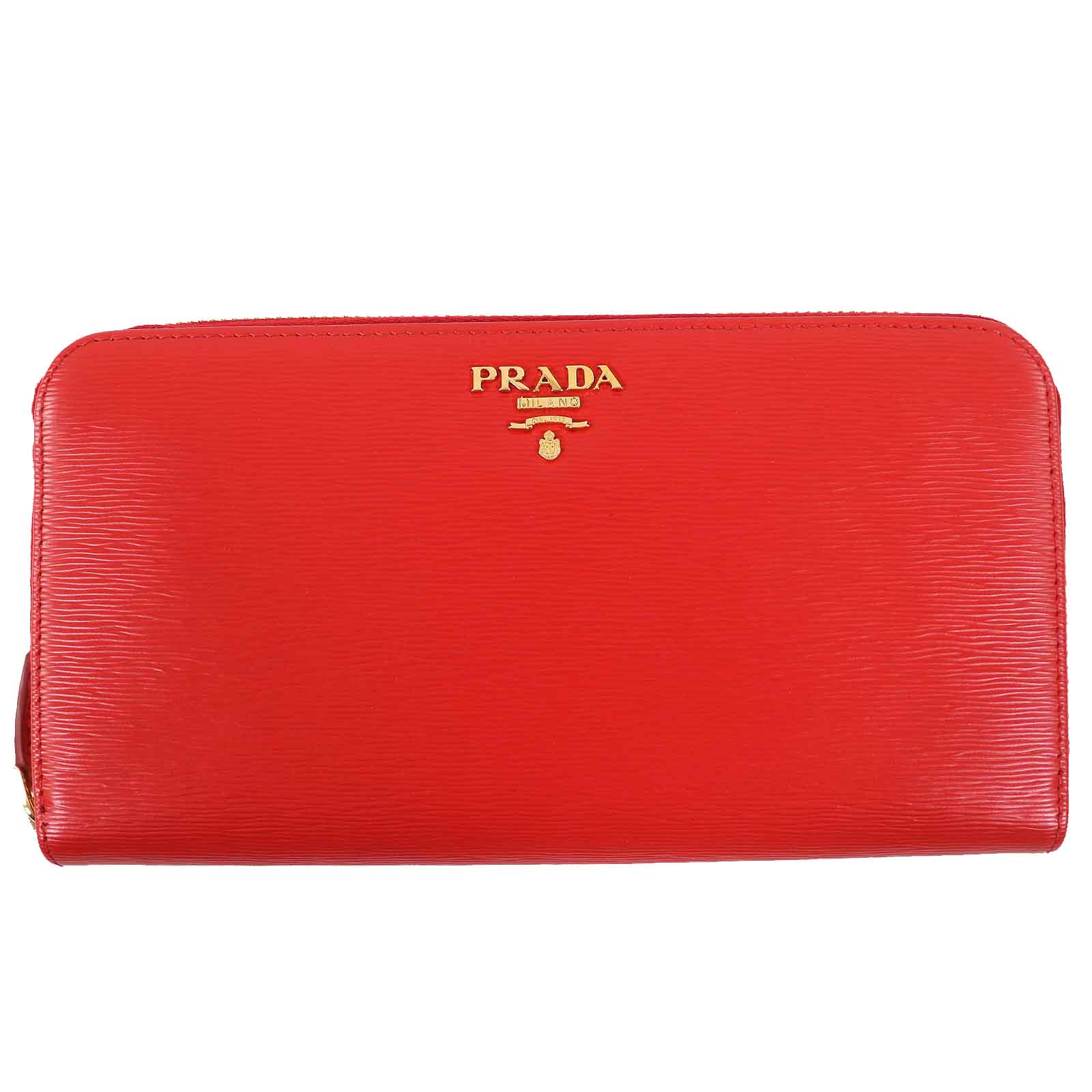 極美品△PRADA プラダ 1ML506 VITELLO MOVE ロゴ金具 ラウンドファスナー レザー ロングウォレット 長財布 LACCA1 レッド系 箱・保存袋付き イタリア製 レディース オススメ◎【中古】