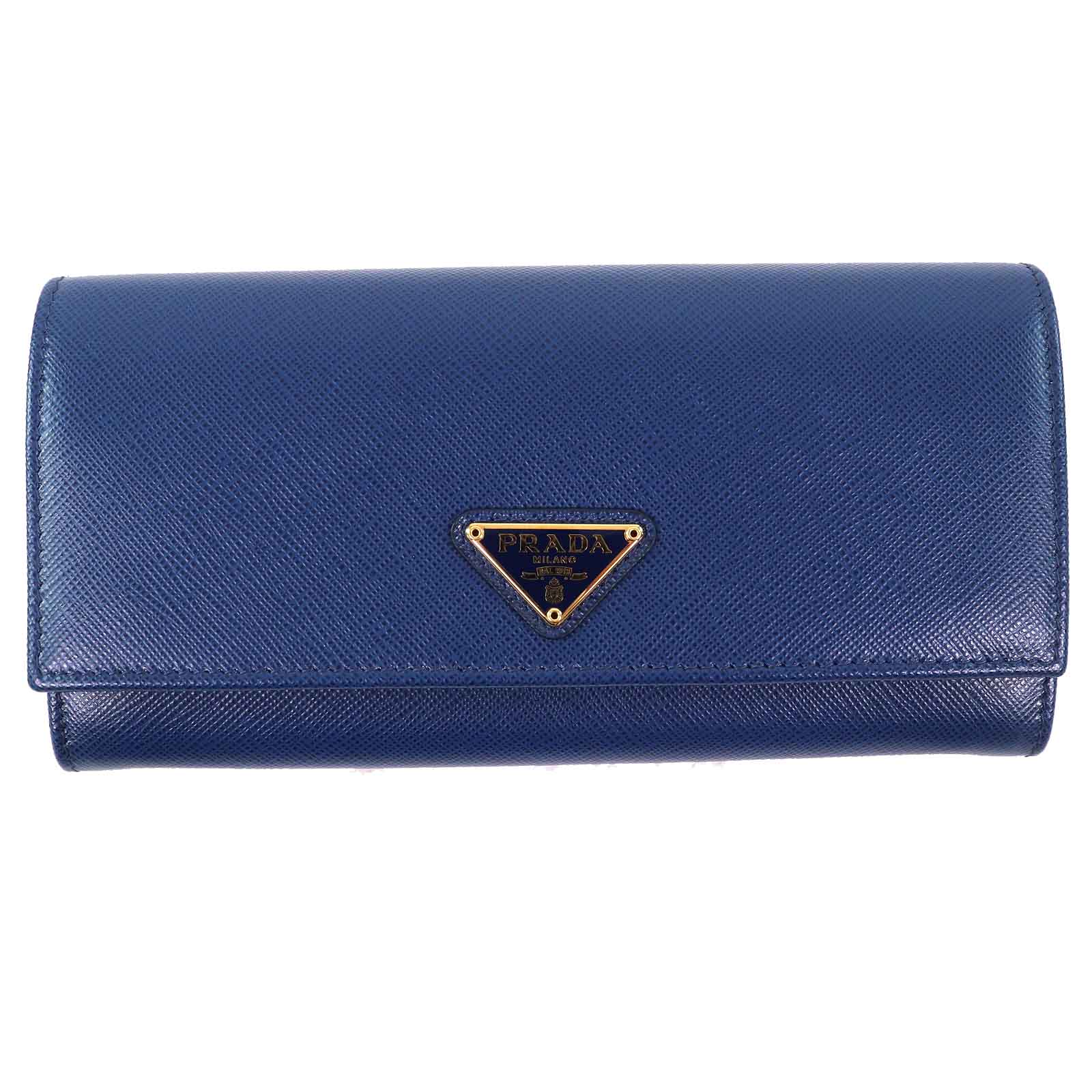 未使用品△PRADA プラダ 1MH132 SAFFIANO TRIANGOLO サフィアーノレザー トライアングルロゴ 三角プレート 二つ折り ロングウォレット 長財布 パスケース付き BLUETTE ブルー系 箱・保存袋付き イタリア製 レディース【中古】