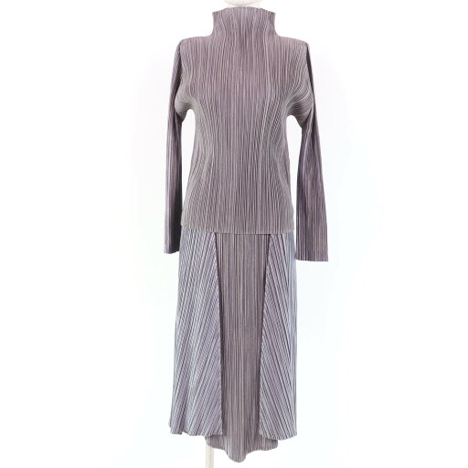 美品☆PLEATS PLEASE プリーツプリーズ イッセイミヤケ ハイネックカットソー・変形ロングスカート セットアップ グレー系 4・3 日本製 正規品 レディース【中古】