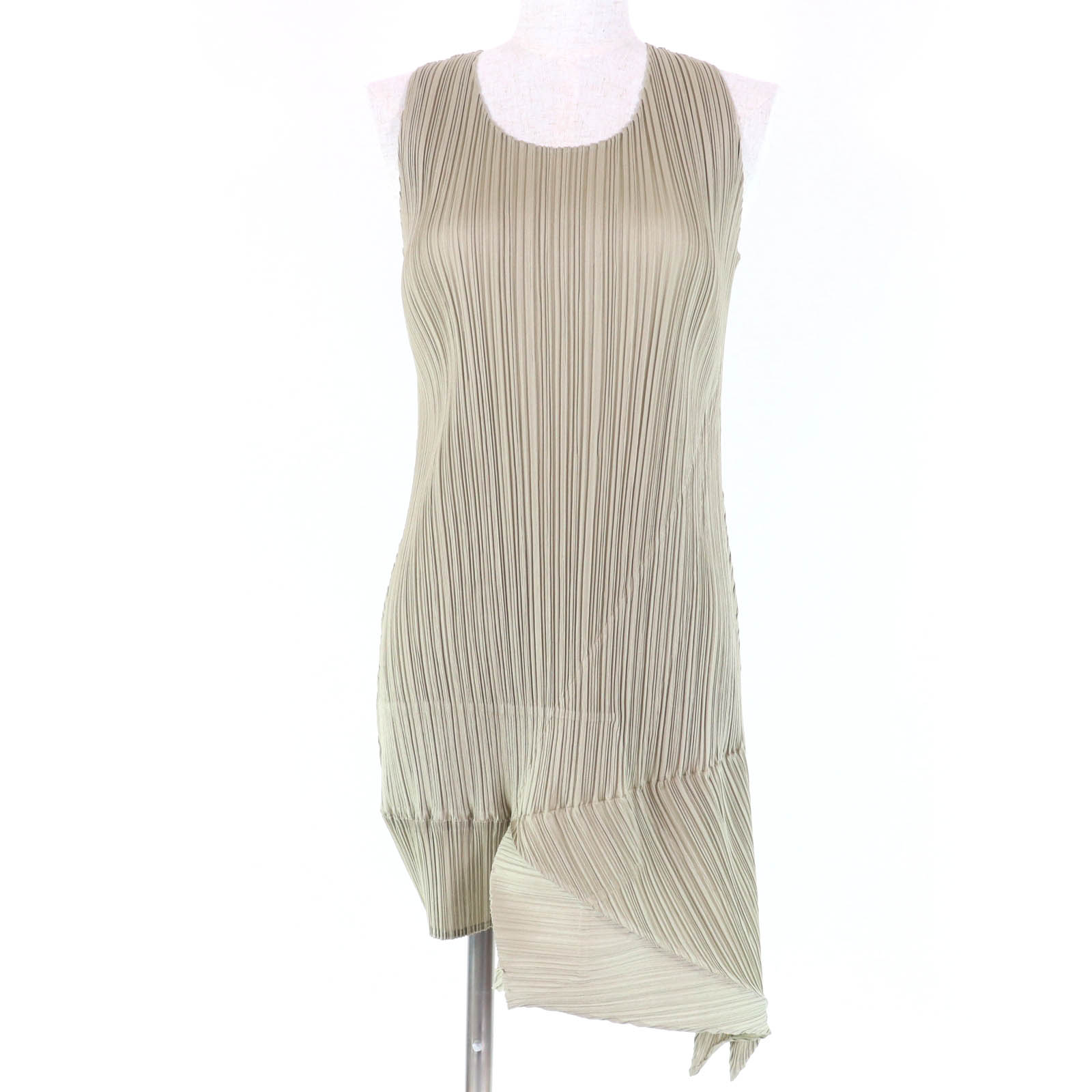 極美品☆PLEATS PLEASE プリーツプリーズ イッセイミヤケ PP71-JK208 アシンメトリー ノースリーブ ワンピース ベージュ 3 正規品 レディース【中古】
