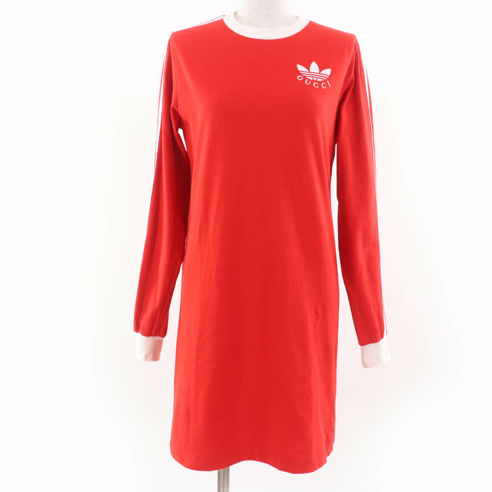 【ドンドン見直し】美品☆GUCCI×adidas グッチ×アディダス 693537 コットン100％ フロントロゴ 長袖 ワンピース レッド XS イタリア製 正規品 レディース【中古】