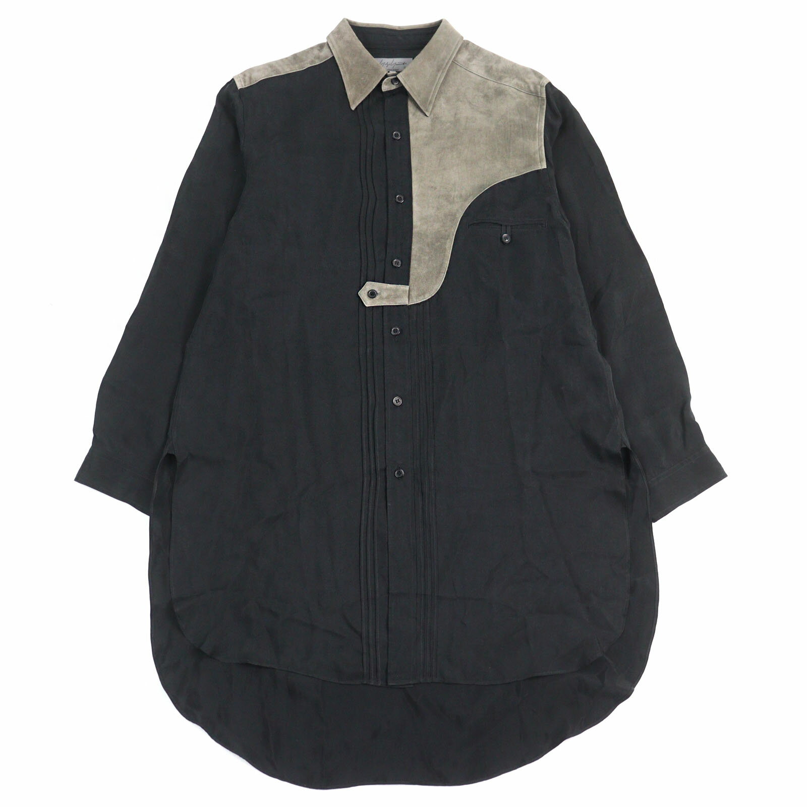 美品○Yohji Yamamoto POUR HOMME ヨウジヤマモトプールオム 22AW HE-B69-833 牛革 キュプラツイル生地 レザー切替 ロング丈 長袖シャツ ブラック系 3 日本製 正規品 メンズ【中古】
