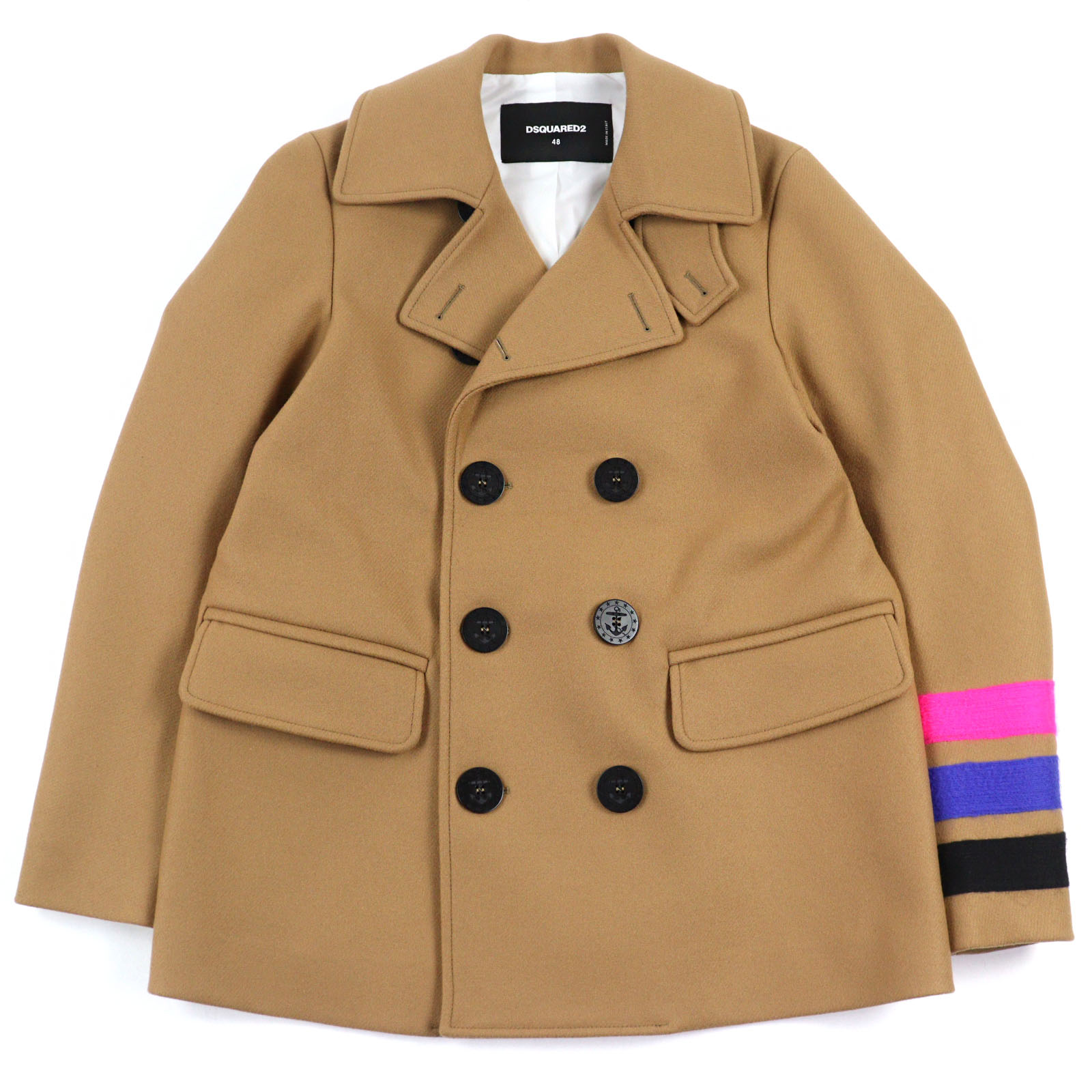 極美品○DSQUARED2 ディースクエアード 22AW S74AA0264 バージンウール ダブルブレスト チンストラップ付き ライン入りスリーブ ピーコート ベージュ系 48 イタリア製 正規品 メンズ【中古】