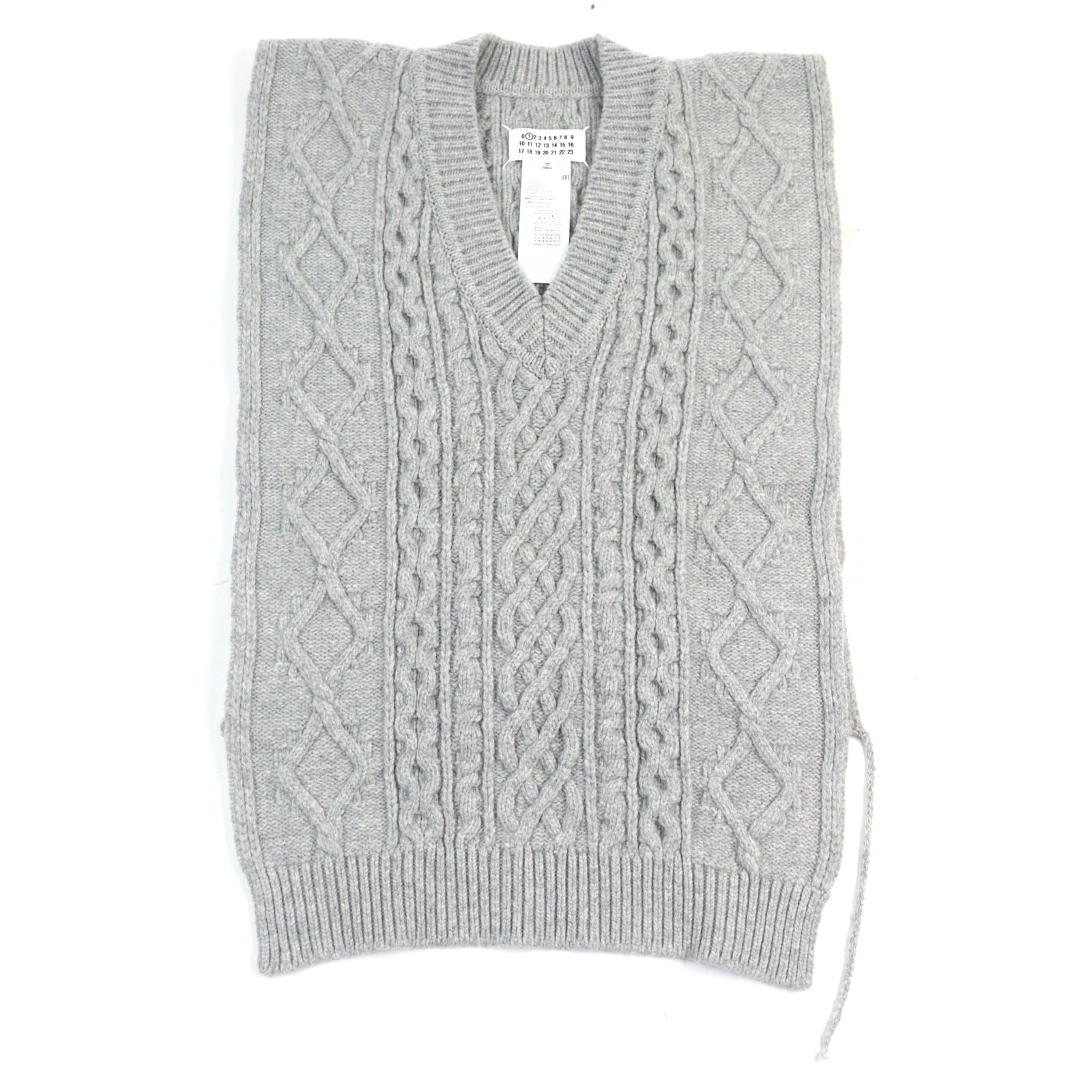 極美品○Maison Margiela 1 メゾンマルジェラ1 21AW S51TH0085 ウール100% アイコンステッチ Vネック ポンチョスタイル ケーブル編み ニットベスト グレー M 正規品 メンズ【中古】