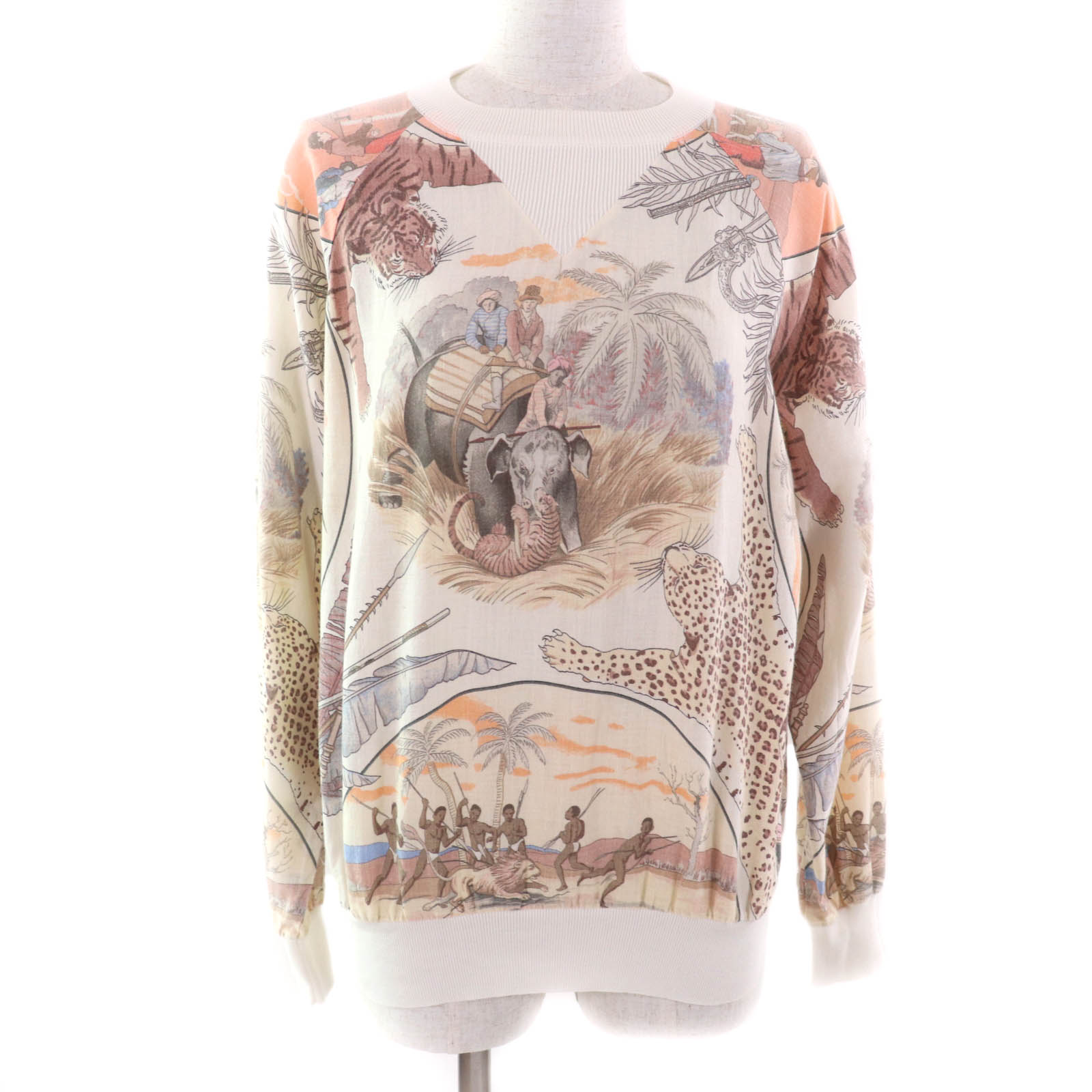 極美品★HERMES エルメス ヴィンテージ jungle リネン シルク混 ロゴデザイン クルーネック 長袖 トップス マルチ 40 フランス製 レディース【中古】