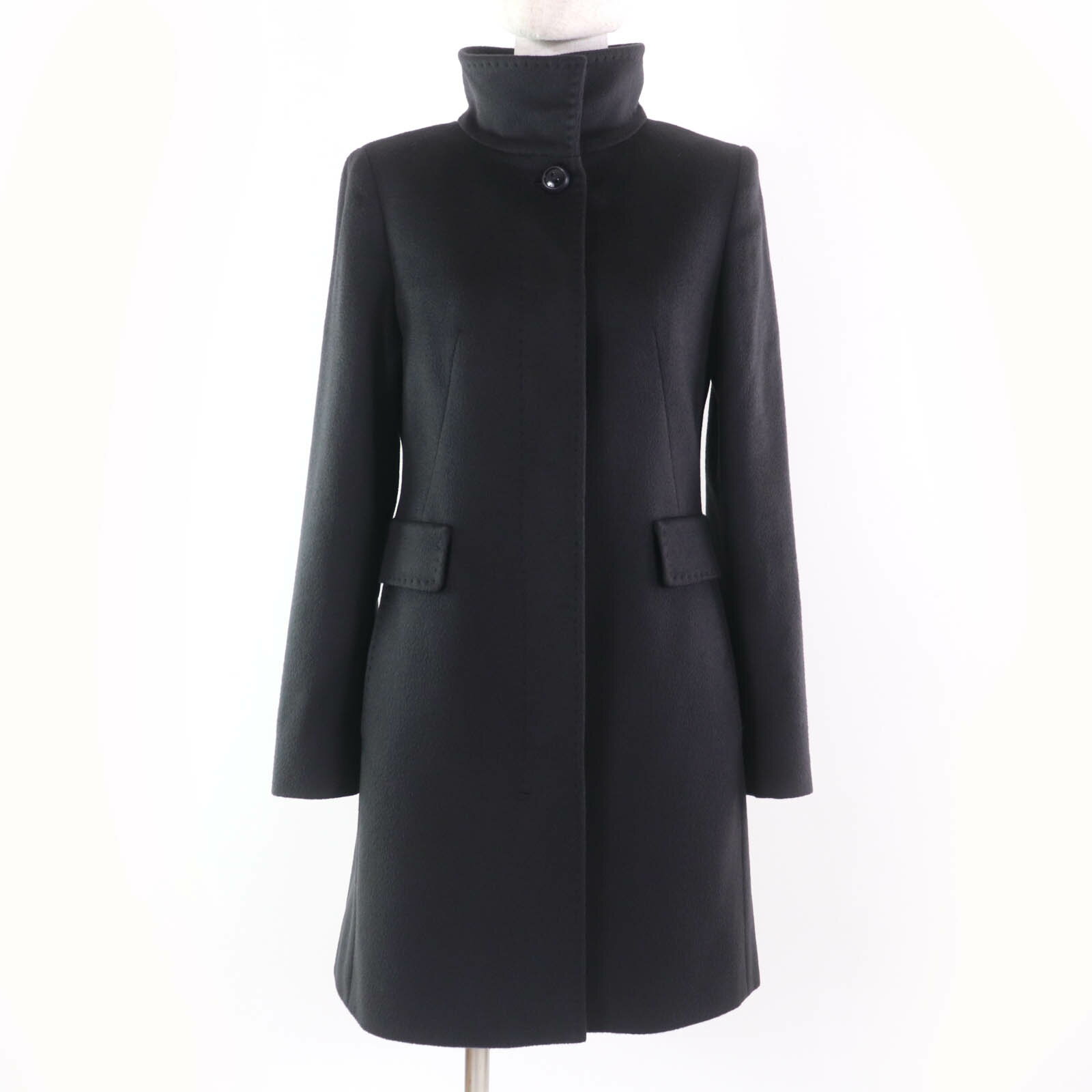 美品☆MaxMara STUDIO マックスマーラ ステュディオ バージンウール100％ スタンドカラー コート チャコールグレー 36 正規品 レディース【中古】