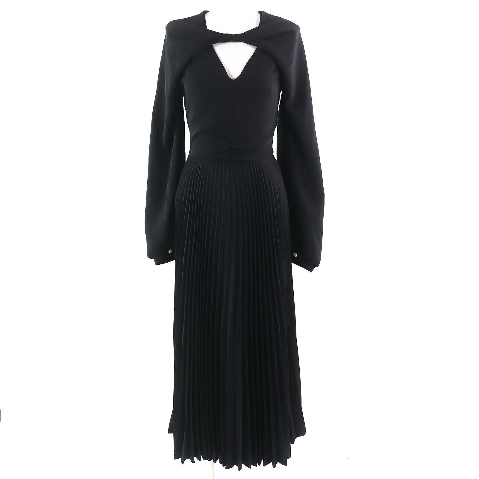 未使用品△PATOU パトゥ DR0480012999B Twist Pleated Dress ツイストネックライン プリーツ ミディドレス ワンピース ブラック 34 正規品 レディース【中古】