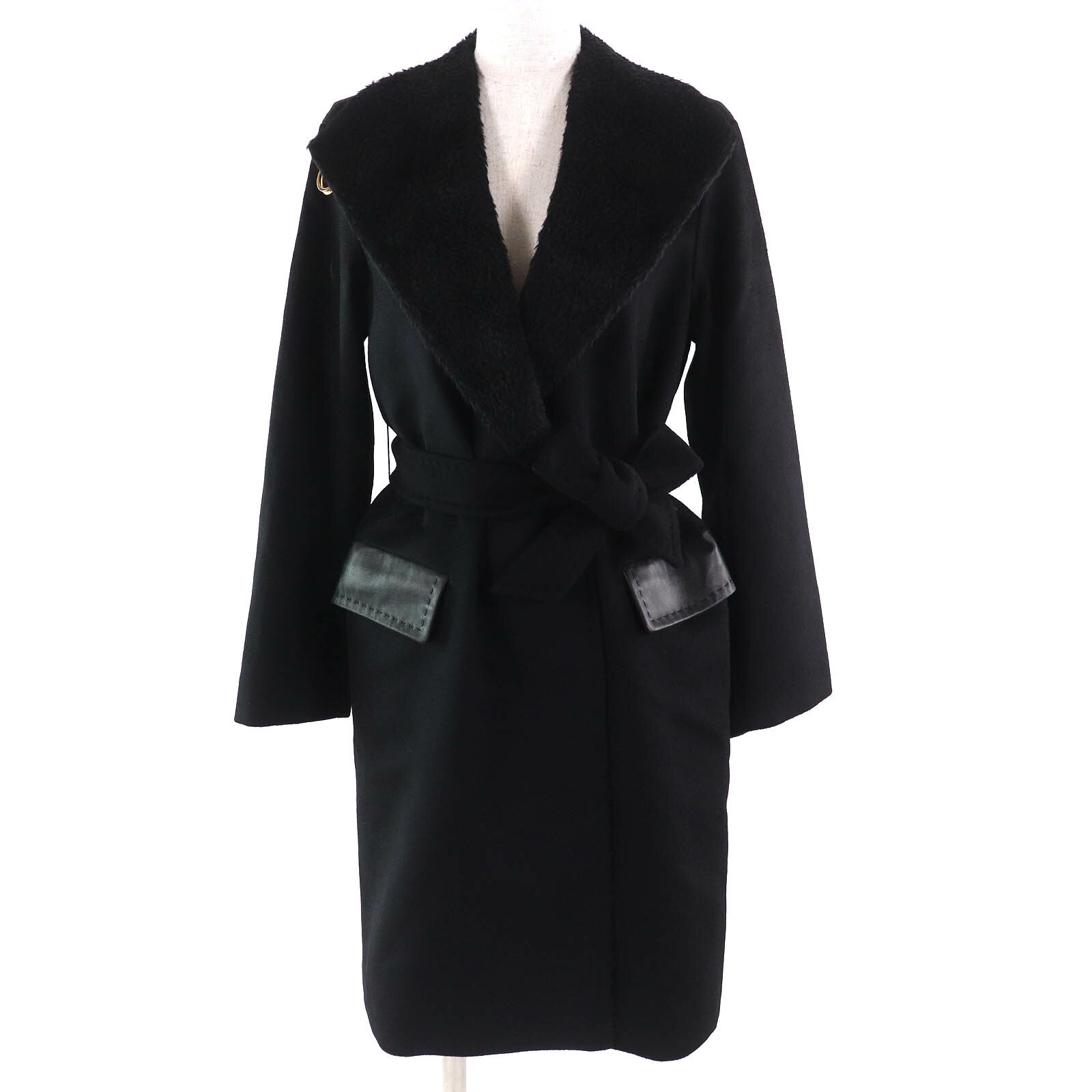 極美品△MAX MARA STUDIO マックスマーラストゥディオ ウール アルパカ ラムファー ベルベットコート チェスターコート ブラック 34 正規品 レディース【中古】