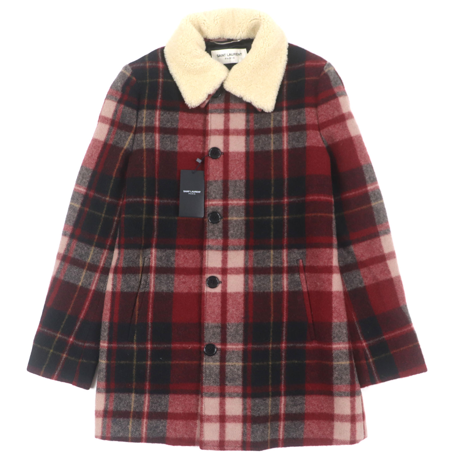 未使用品▼SAINT LAURENT PARIS サンローランパリ 529582 ウール100% チェック柄 襟ムートン コート レッド系 48 イタリア製 正規品 メンズ【中古】