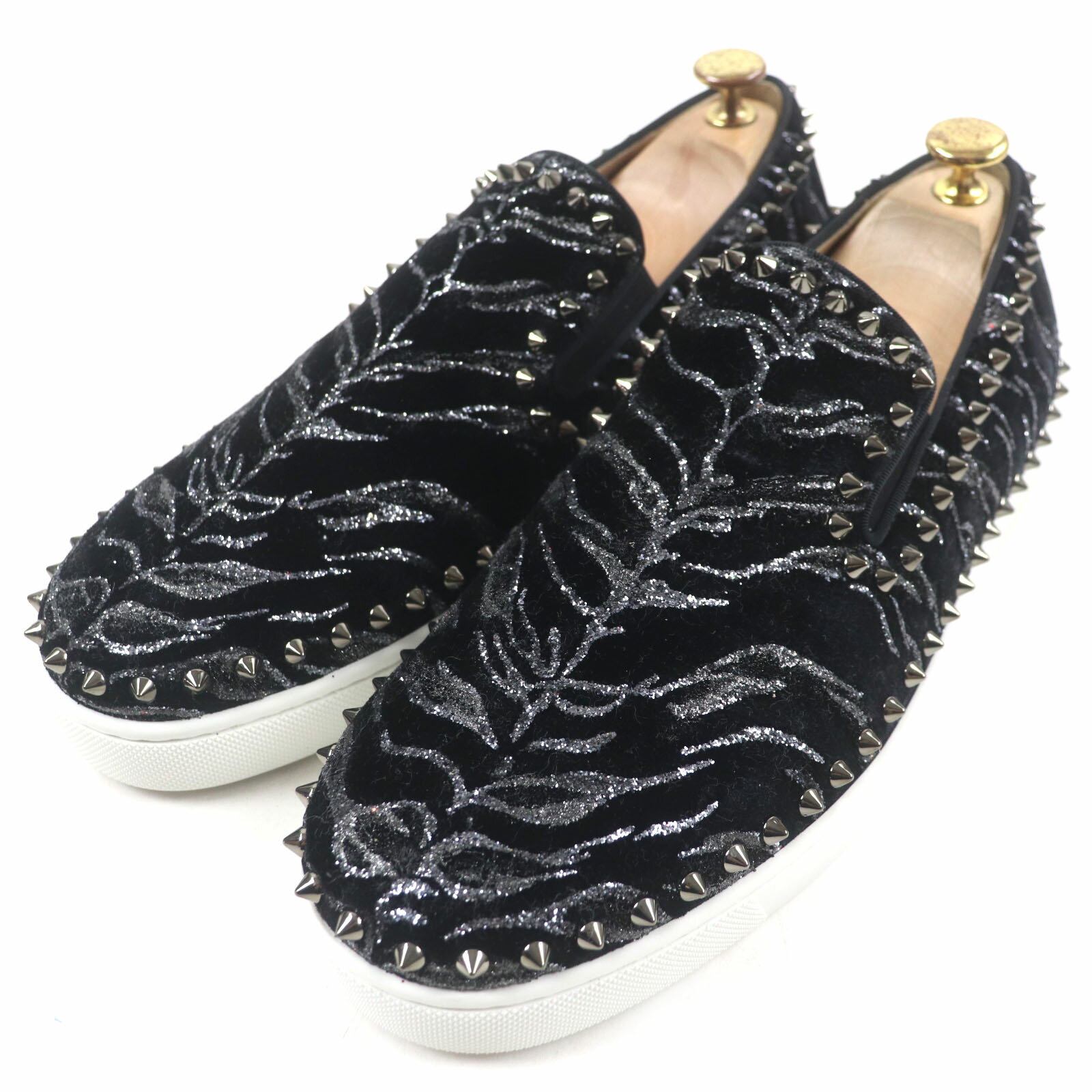 未使用品▼Christian Louboutin クリスチャンルブタン ローラーボート ベロア スパイク グリッター スリッポン レザースニーカー ブラック 43 保存袋付き イタリア製 メンズ【中古】