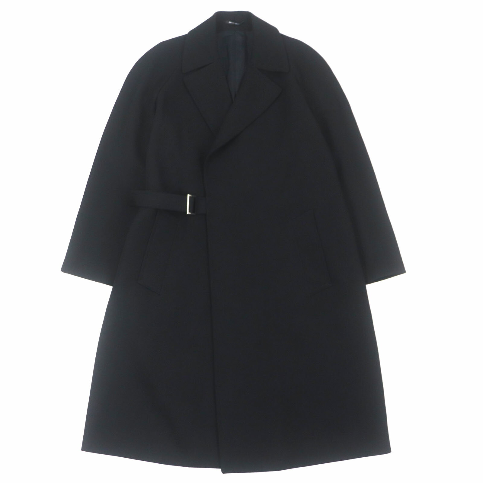 極美品▼EMPORIO ARMANI エンポリオ アルマーニ ウール100% 黒タグ ベルト付き ロングコート ブラック 48 イタリア製 正規品 メンズ【中古】
