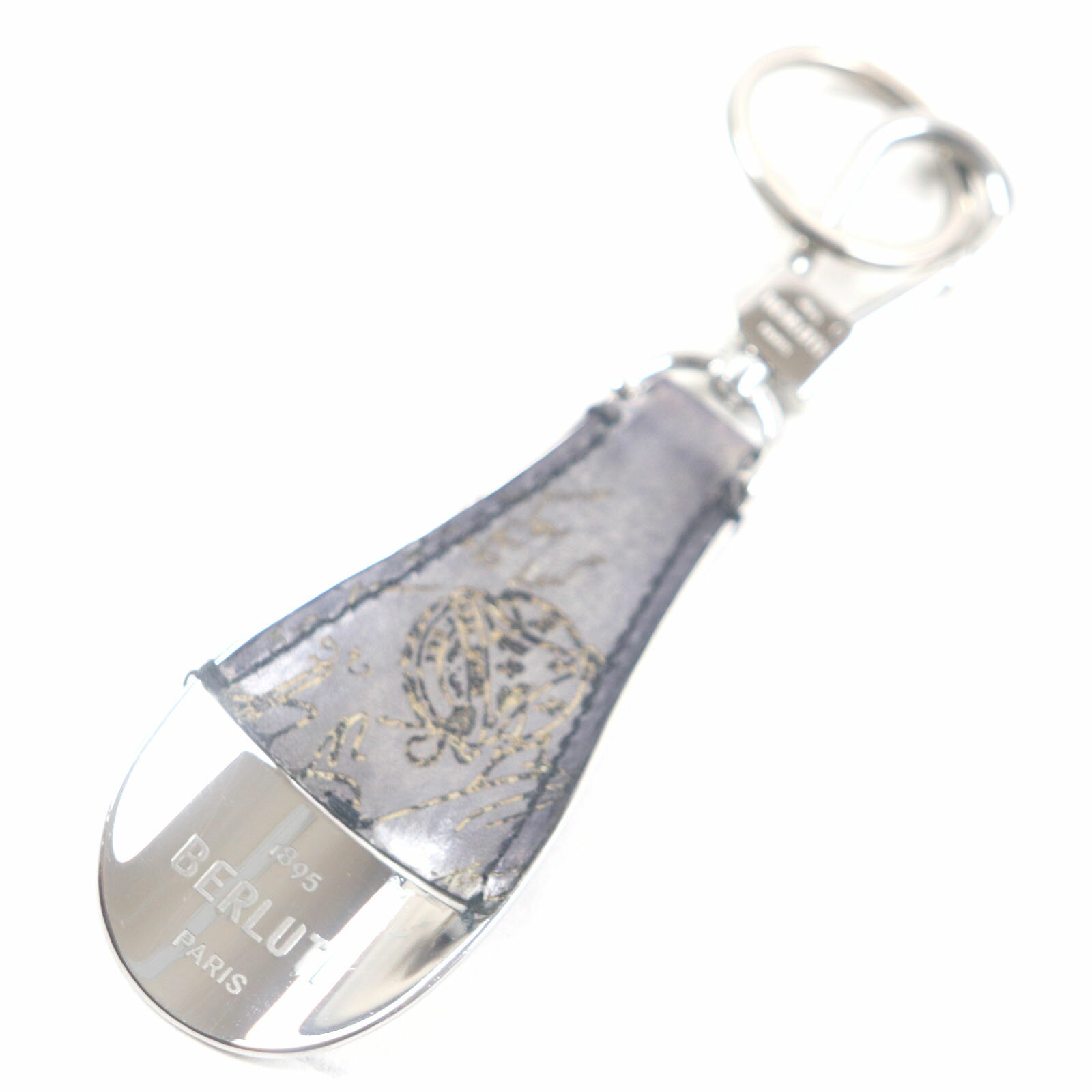 美品▼BERLUTI ベルルッティ フルスクリットレザー カリグラフィ シューホーン キーホルダー ネイビー シルバー金具 イタリア製 メンズ【中古】
