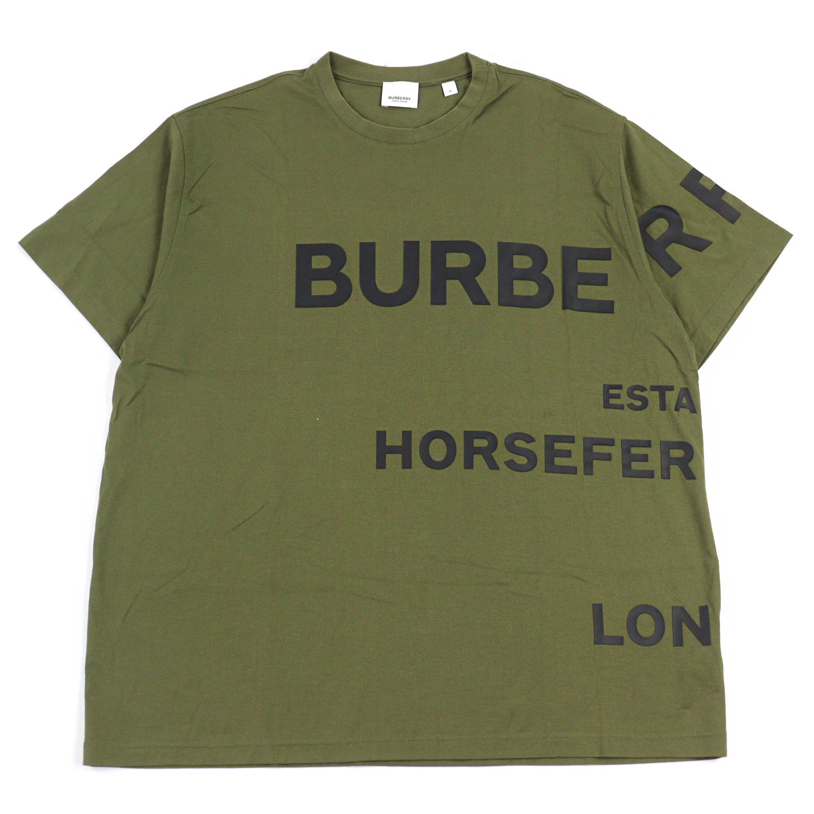 美品○BURBERRY バーバリー 8055249 HARLFORD コットン100% ラバーロゴ ホースフェリープリント クルーネック 半袖Tシャツ カーキグリーン M 正規品 メンズ【中古】