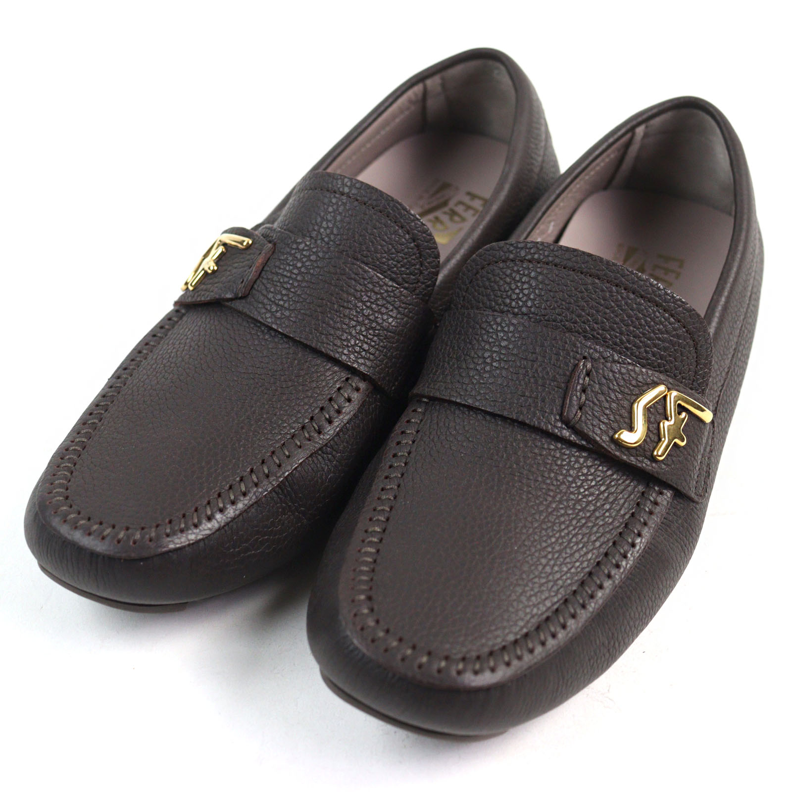 【ドンドン見直し】極美品○Salvatore Ferragamo サルヴァトーレフェラガモ レザー ロゴプレート付き グレイン調 リジッドラバーソール ドライビングシューズ ブラウン ゴールド金具 5(日本サイズ23cm相当) イタリア製 メンズ【中古】