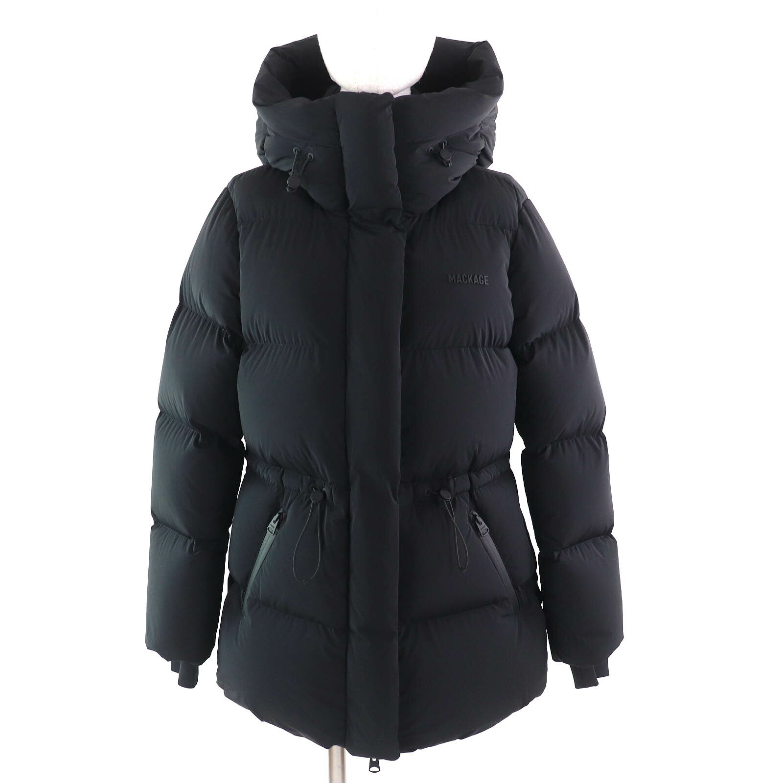 美品△MACKAGE マッカージュ 11332216 FREYA-CITY ロゴ フード付き ZIP UP ボリューム ダウンジャケット ブラック S 正規品 レディース【中古】