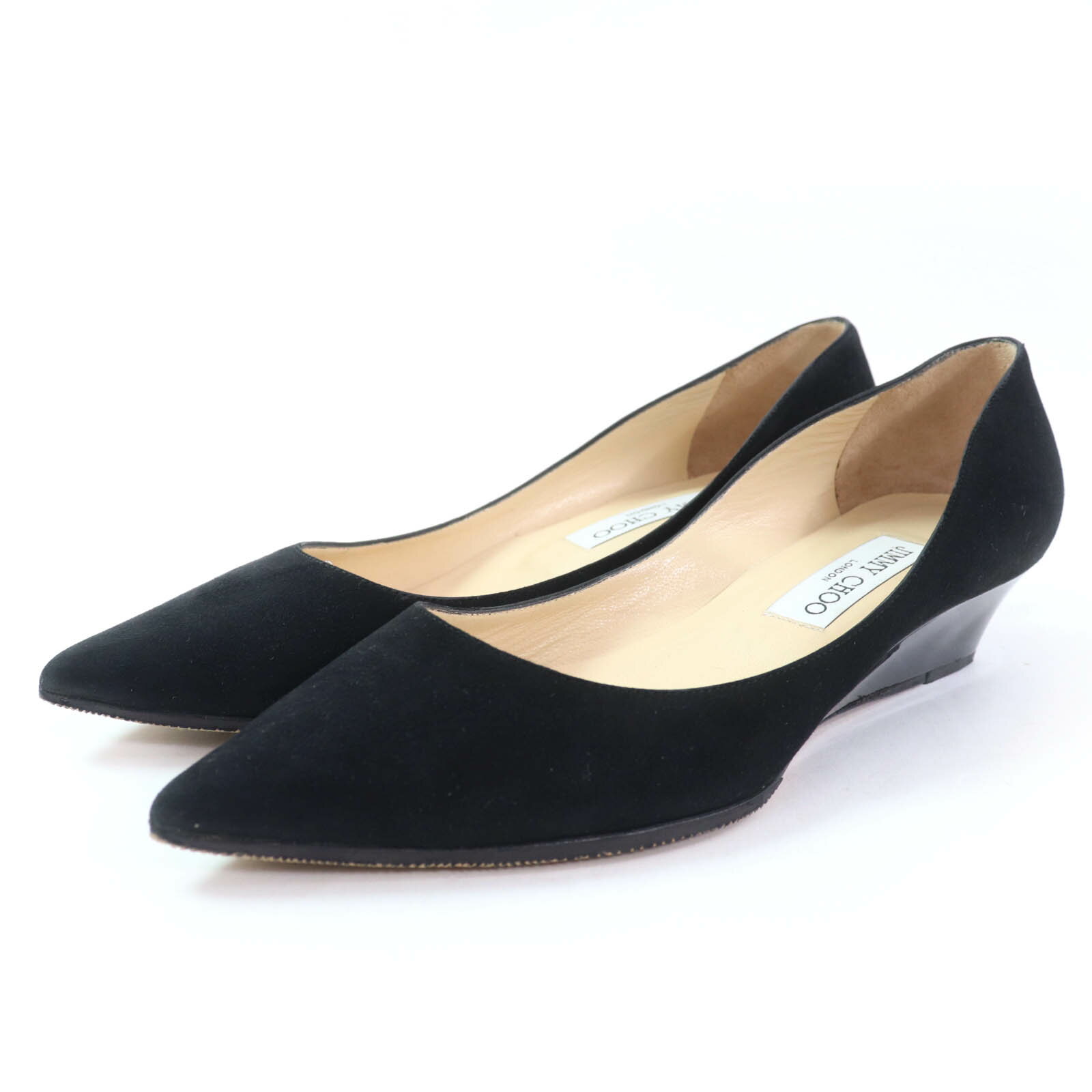 美品☆JIMMY CHOO ジミーチュウ スウェードレザー ポインテッド トゥ パンプス ブラック 38.5 イタリア製 レディース【中古】