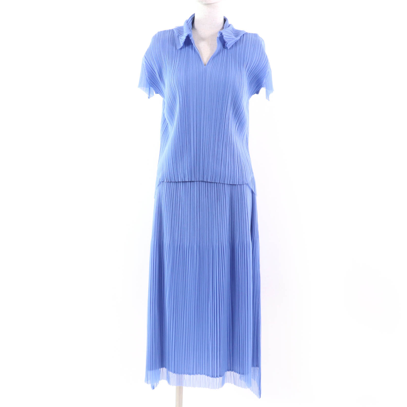 極美品☆PLEATS PLEASE プリーツプリーズ イッセイミヤケ レイヤード 半袖カットソー・スカート セットアップ ブルー カットソー：3 スカート：2 日本製 正規品 レディース【中古】