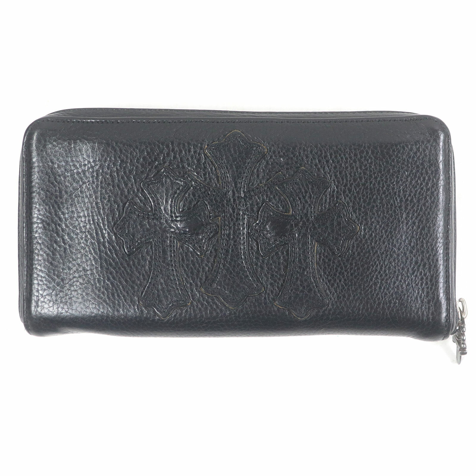 美品□CHROME HEARTS クロムハーツ REC F ZIP レザー 3セメタリークロスパッチ ラウンドジップ 長財布 ロングウォレット ブラック メンズ【中古】