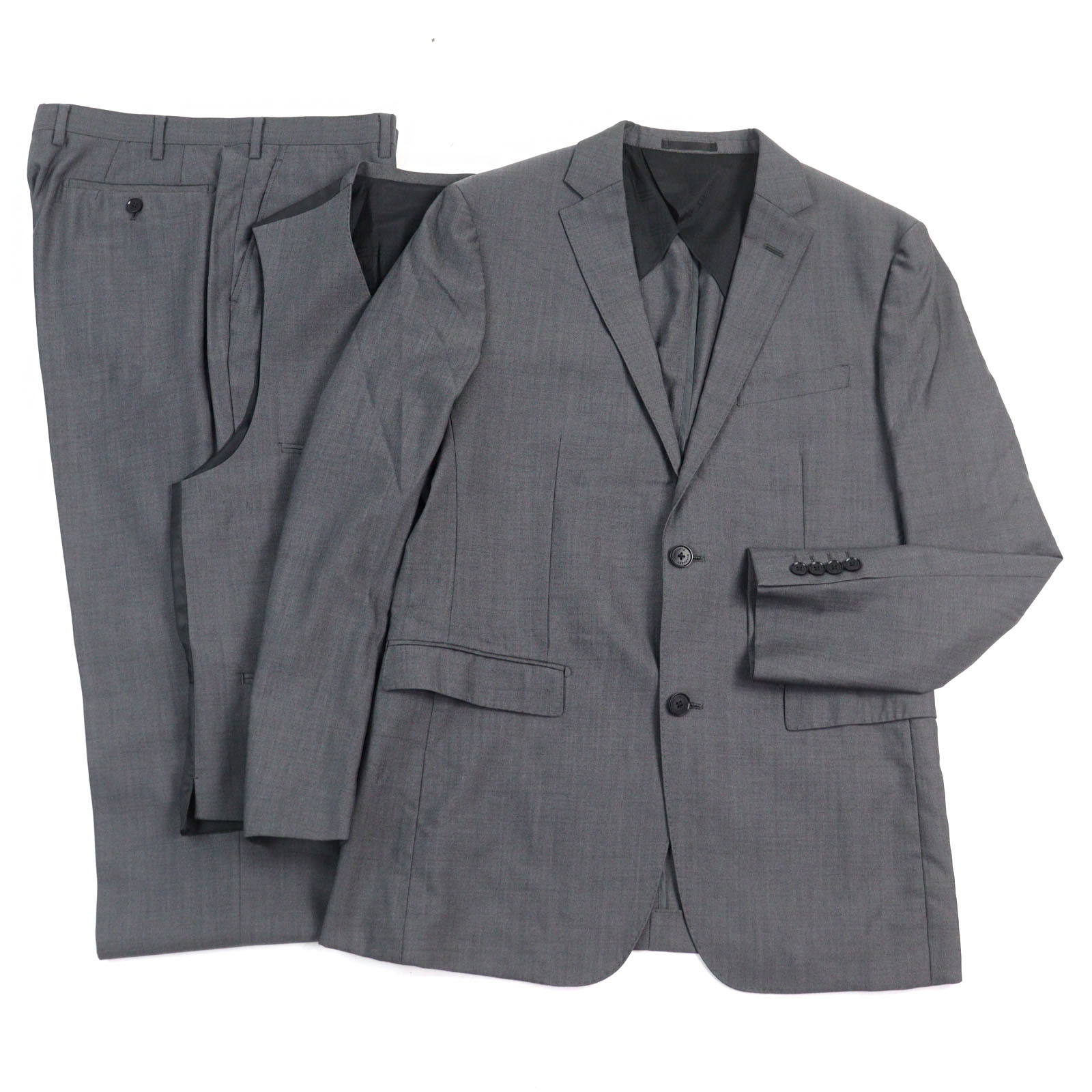 極美品○BURBERRY BLACK LABEL バーバリーブラックレーベル D1H46-308-06 シルク混 ロゴボタン 裏地チェック柄 3P スーツ グレー 96-84-175 40L 正規品 メンズ【中古】