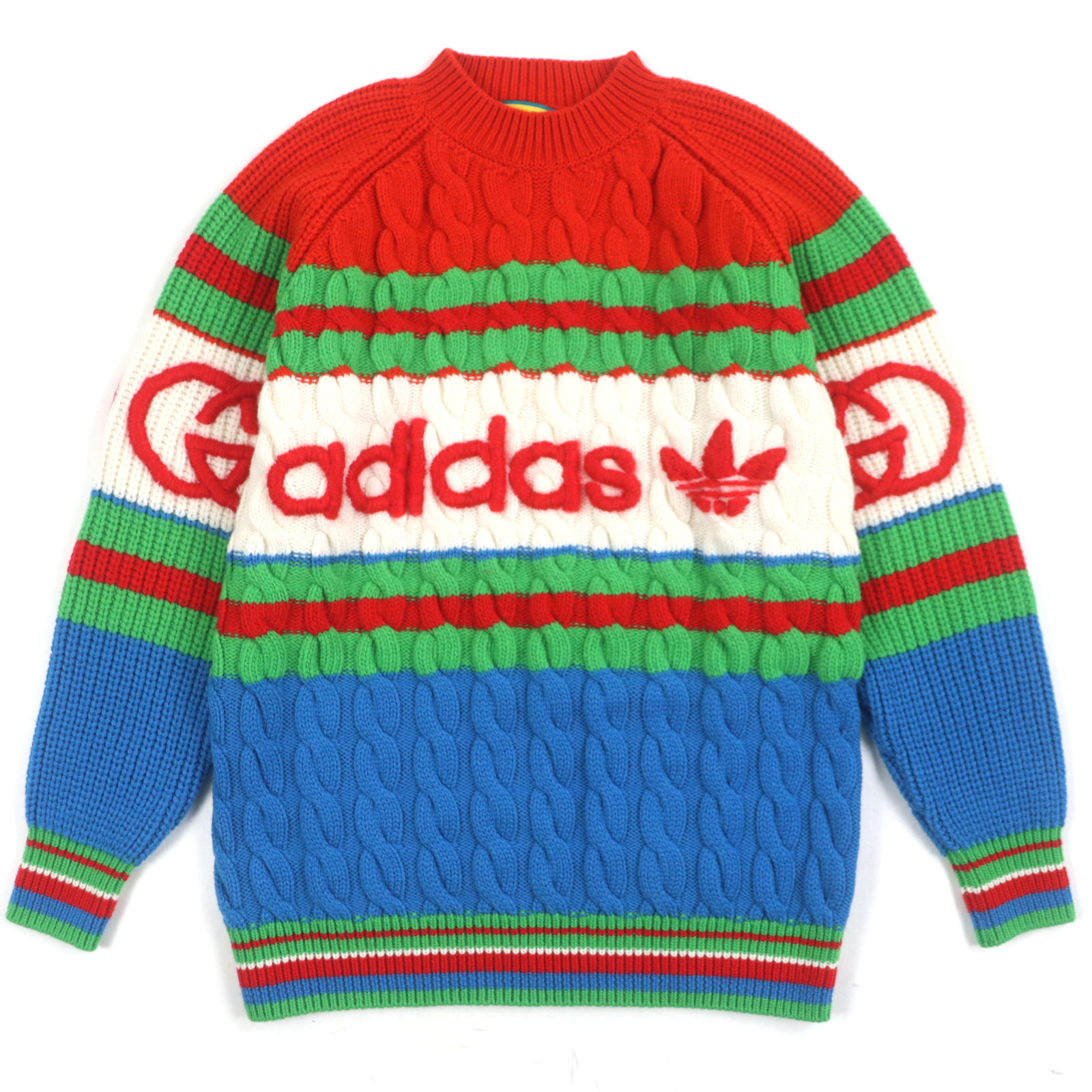未使用品▼GUCCI adidas グッチ アディダス 717722 ウェブライン ミケーレ期 シェリーライン ウール モヘア インターロッキングG クルーネック ケーブルニット セーター マルチ XS イタリア製 正規品 メンズ【中古】