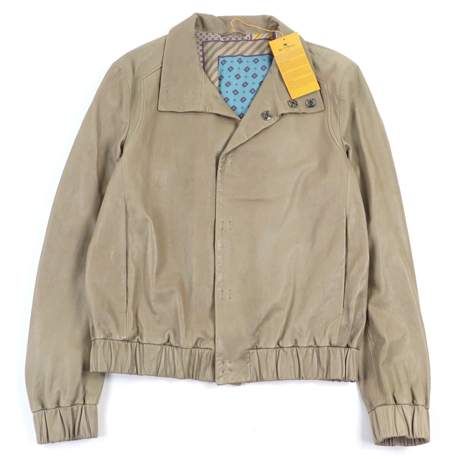 【ドンドン見直し】良品○ETRO エトロ ラムスキン シルク 裏地総柄 オープンカラー スナップボタン リブ レザージャケット ベージュ L メンズ【中古】