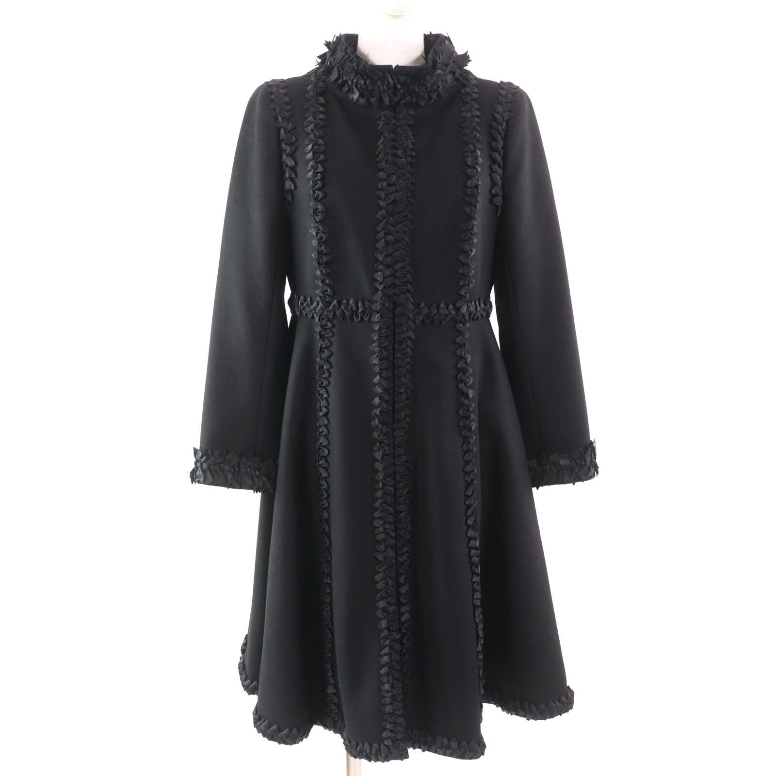 美品★CHANEL シャネル 08A P33334 ウール カシミヤ混 ココマークボタン付 リボン装飾 ZIP UP コート ブラック 38 フランス製 レディース【中古】