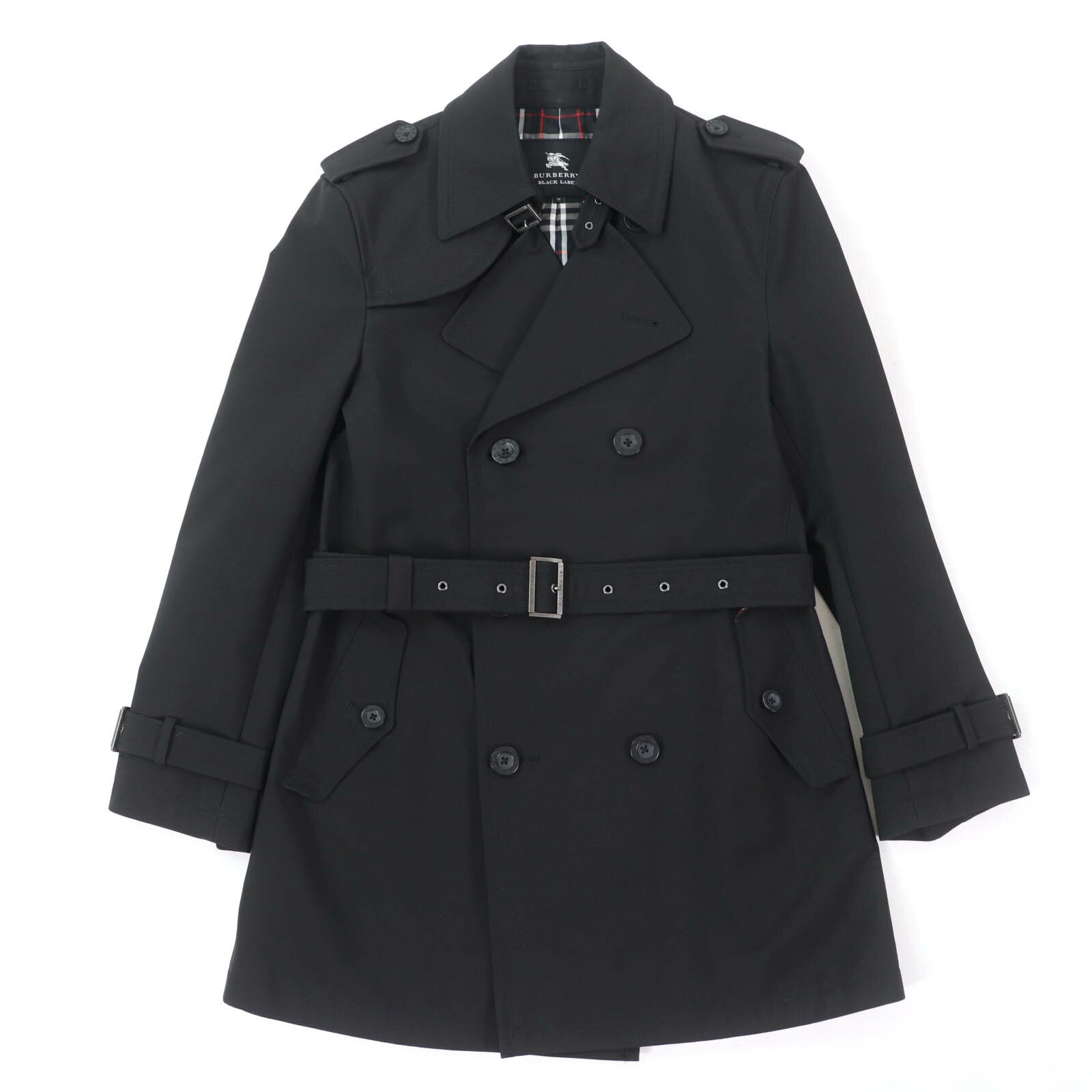 美品☆BURBERRY BLACK LABEL バーバリーブラックレーベル ベルト・ロゴボタン付 トレンチコート ブラック M 日本製 正規品 メンズ【中古】