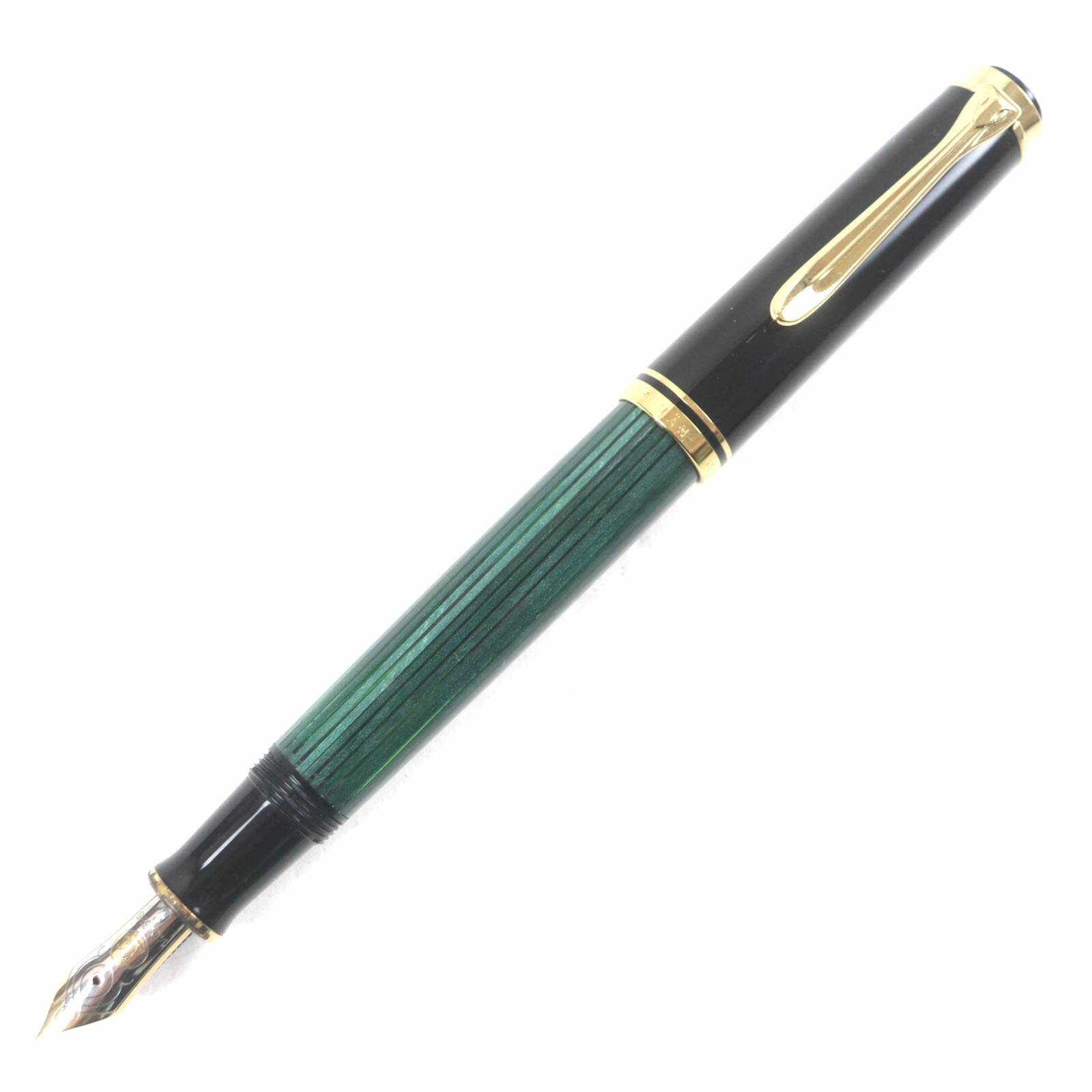 美品▼PERIKAN ペリカン M400 スーベレーン 14K Fニブ ストライプ柄 ロゴ刻印入り 万年筆 グリーン ブラック ゴールド ドイツ製 メンズ【中古】