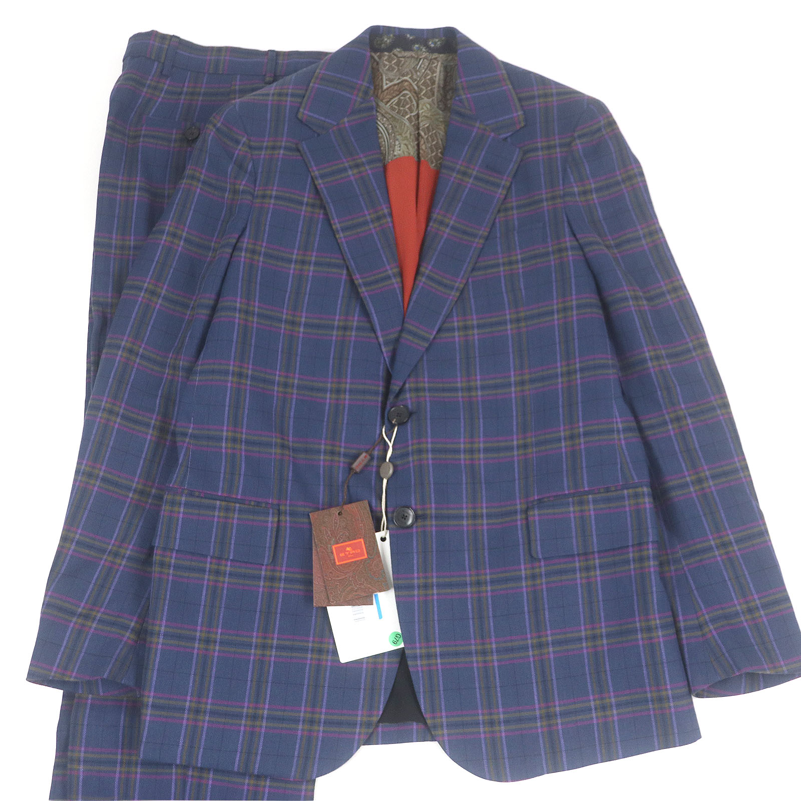 未使用品□ETRO エトロ リネン混 裏シルク チェック柄 シングルスーツ 上下セットアップ ブルー 50/48 イタリア製 正規品 メンズオススメ【中古】