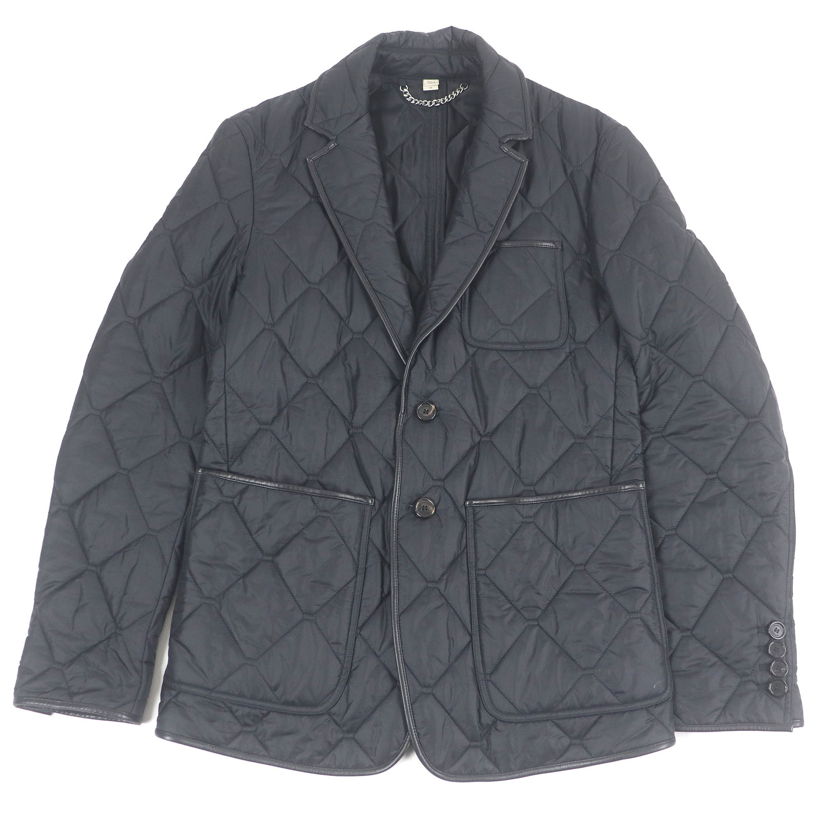 美品□BURBERRY LONDON バーバリーロンドン ラムレザーパイピング 中綿 キルティングジャケット ブラック 46 イタリア製 正規品 メンズ【中古】