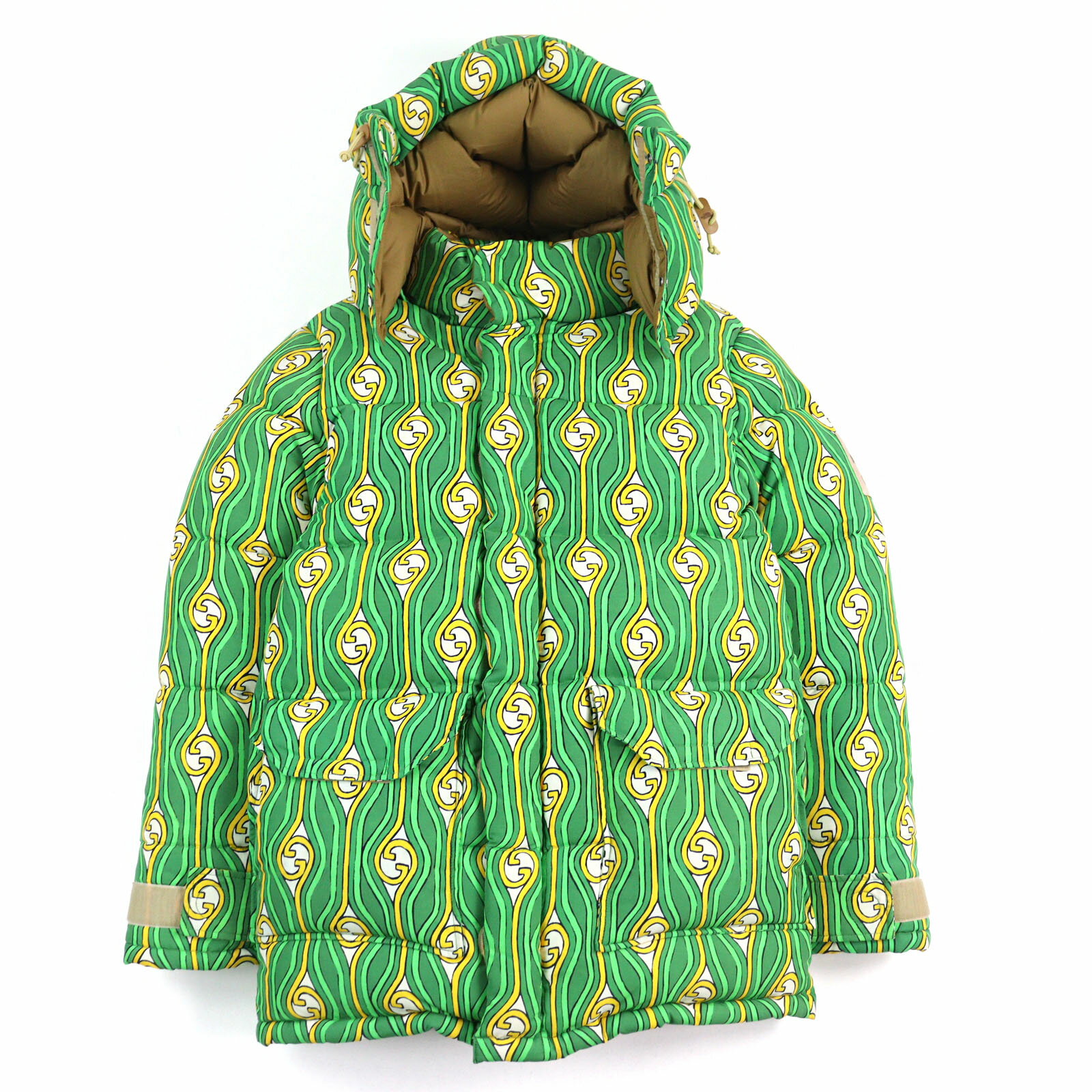極美品○GUCCI×THE NORTH FACE グッチ×ザ・ノースフェイス 21SS 648858 インターロッキングG総柄 ロゴワッペン付き フード付き ダウンジャケット グリーン系 XS 正規品 メンズ【中古】
