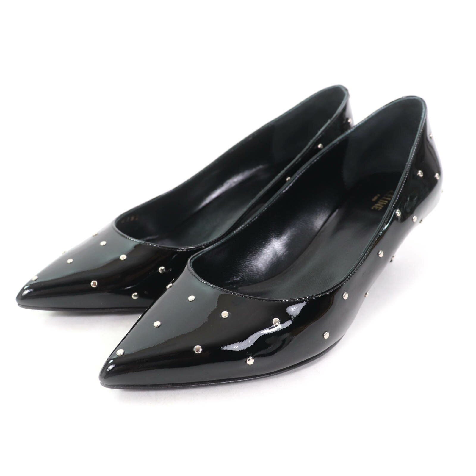 極美品★CELINE セリーヌ スタッズ付 ポインテッドトゥ パテントレザー パンプス ブラック シルバー金具 36.5 箱付き イタリア製 レディース【中古】