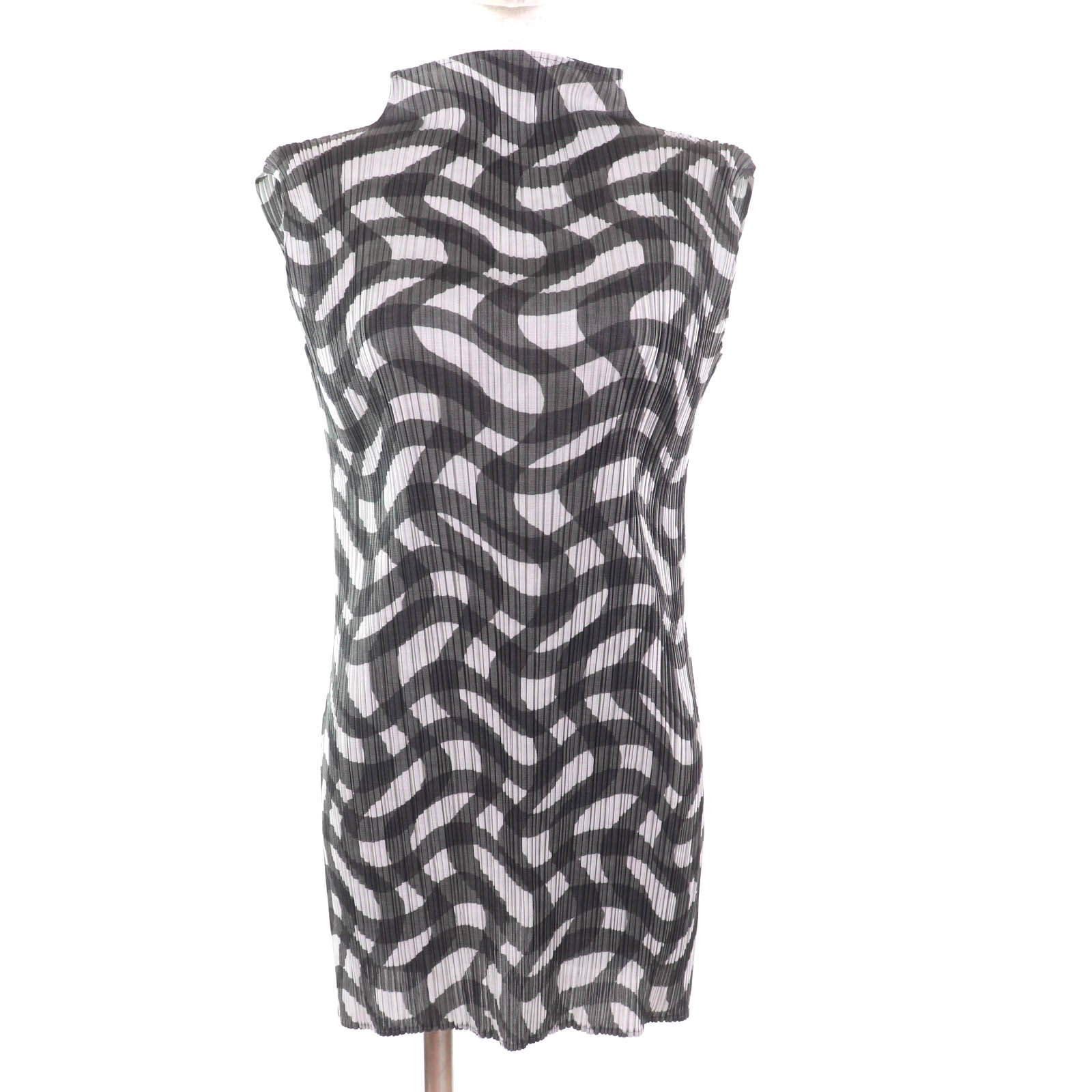 極美品★ISSEY MIYAKE イッセイミヤケ PP73-JK782 総柄 ハイネック ノースリ チュニック ワンピース ブラック グレー 3 日本製 正規品 レディース【中古】