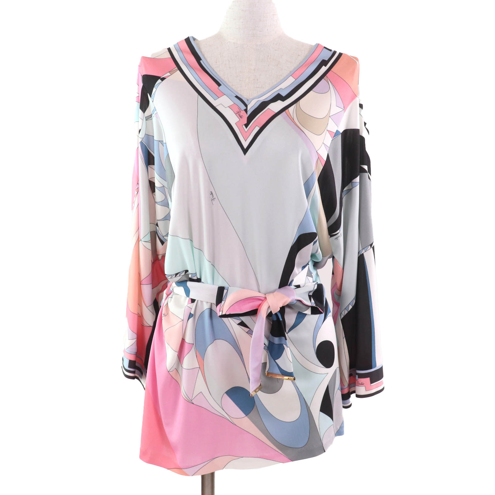 極美品★Emilio Pucci エミリオ・プッチ 46RM15 ベルト付 Vネック 七分袖 チュニック トップス マルチ 40 イタリア製 正規品 レディース【中古】