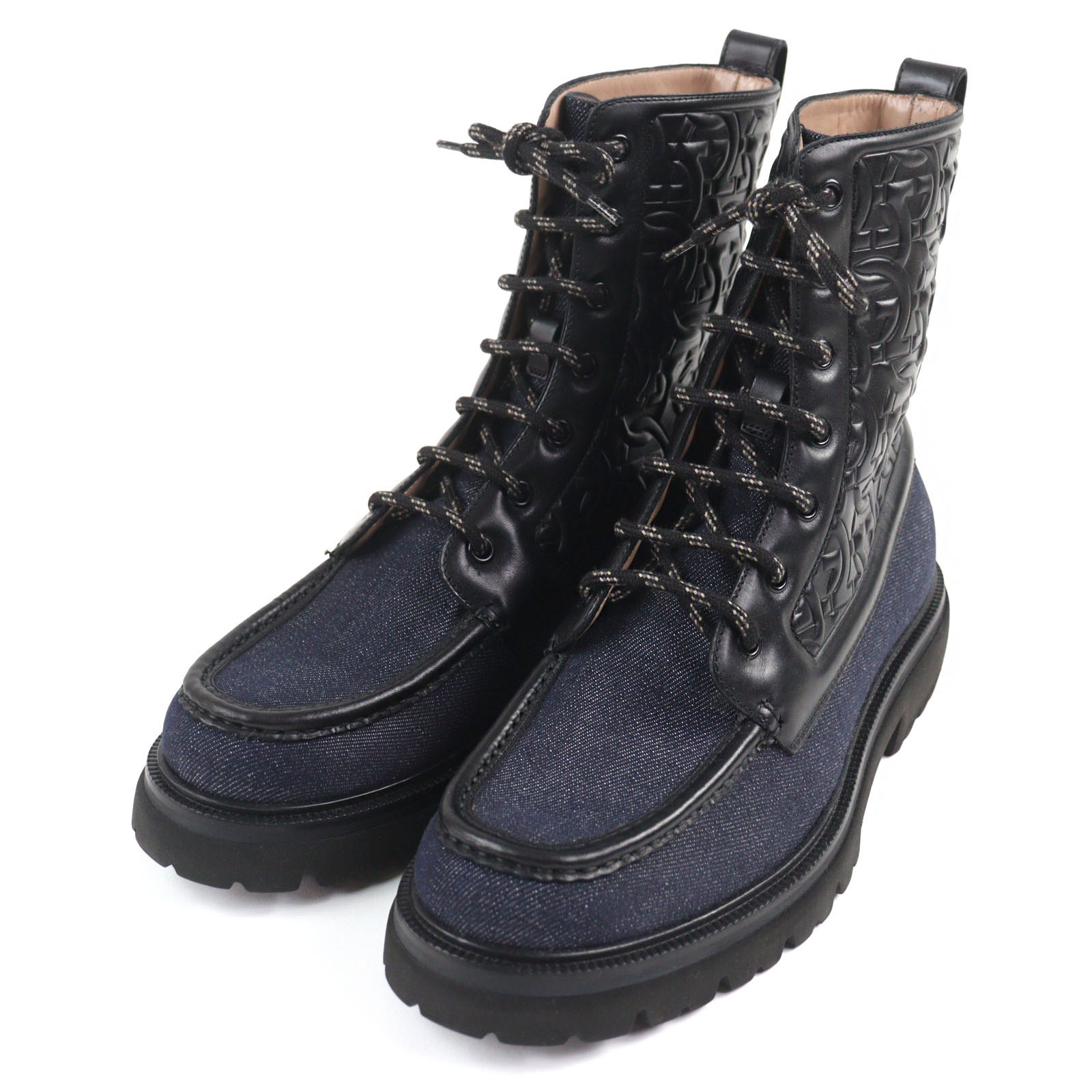 未使用品○Salvatore Ferragamo サルヴァトーレフェラガモ NAVAL2 デニム レザー ガンチーニエンボス レースアップ コンバットブーツ ネイビー ブラック 7 イタリア製 メンズ【中古】