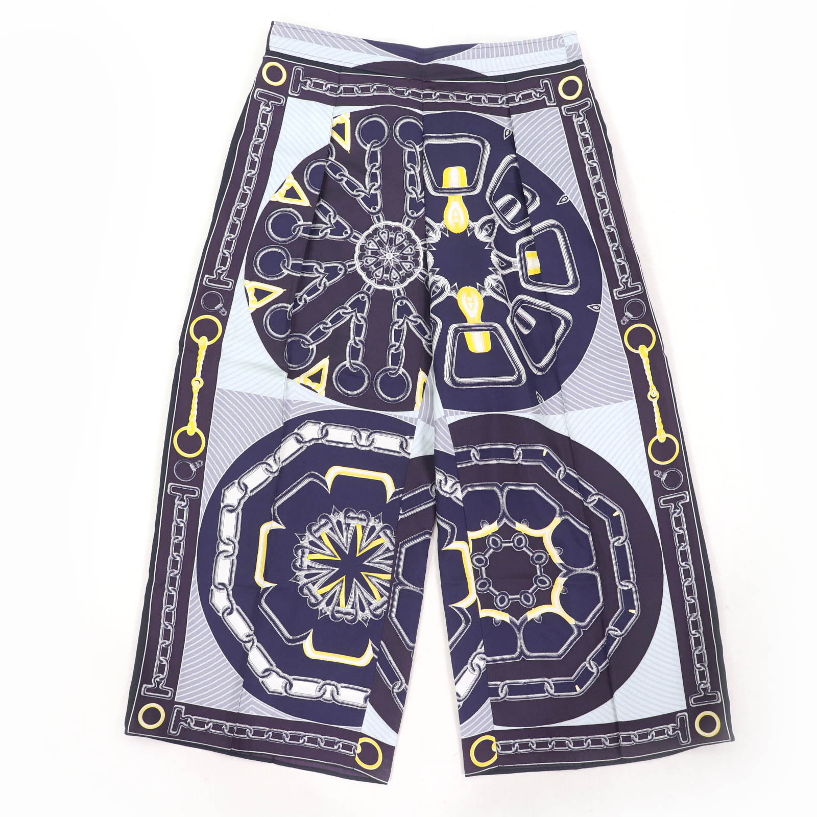 未使用品☆HERMES エルメス カレイドスコープ・エフェクト シルク100％ クロップドパンツ ネイビー 40 フランス製 正規品 レディース【中古】