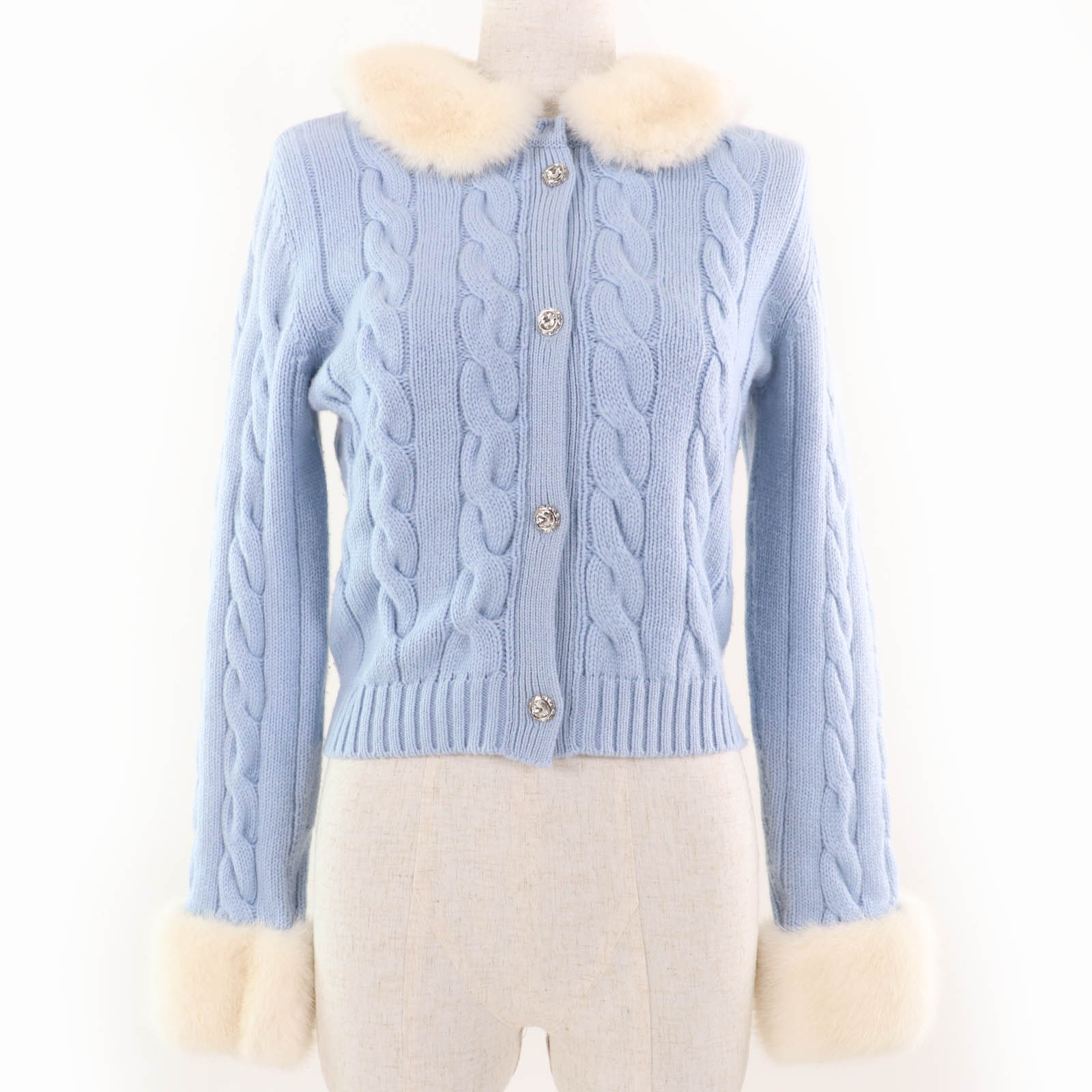 極美品☆MIUMIU ミュウミュウ MMF142 カシミヤ100％ ミンクファー・ビジューボタン付 長袖 ニット カーディガン ライトブルー 42 イタリア製 正規品 レディース【中古】