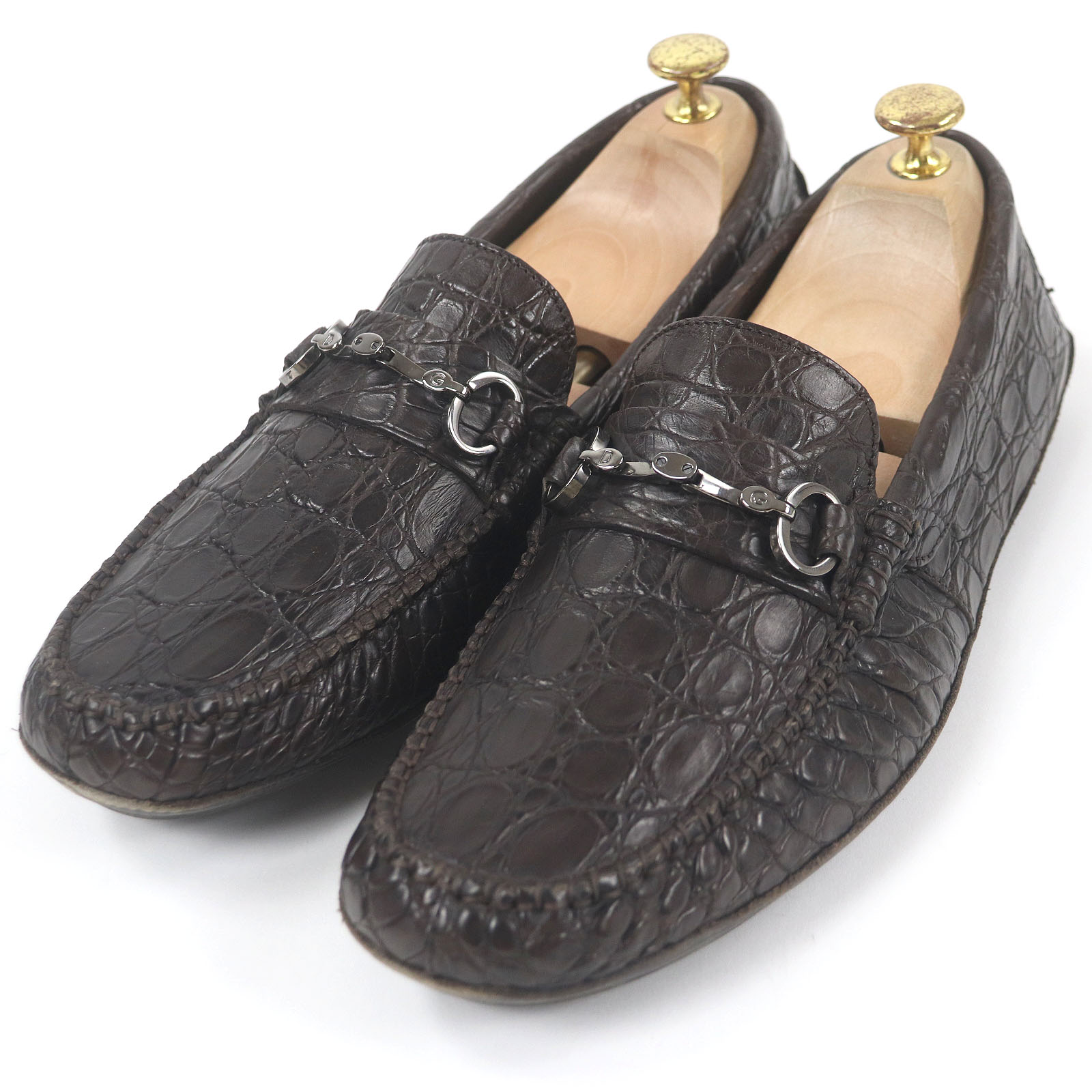 極美品□DOLCE&GABBANA ドルチェ＆ガッバーナ クロコダイルレザー DGロゴシルバー金具 モカシン ビットローファー ブラウン 8.5 イタリア製【中古】