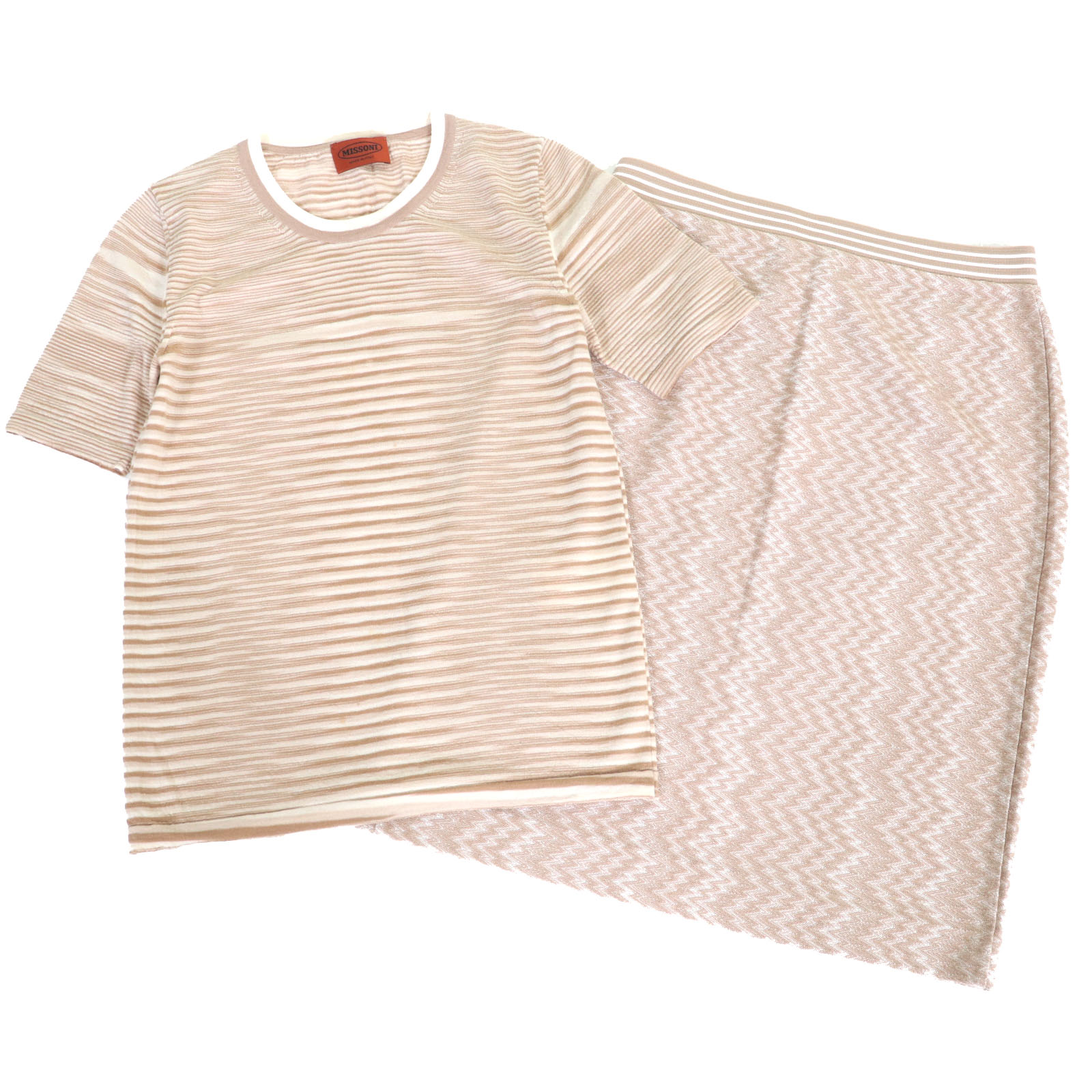 美品▲Missoni ミッソーニ ウール ボーダー シェブロン 半袖ニット スカート 2点セット ベージュ 42 イタリア製 正規品 レディース【中古】