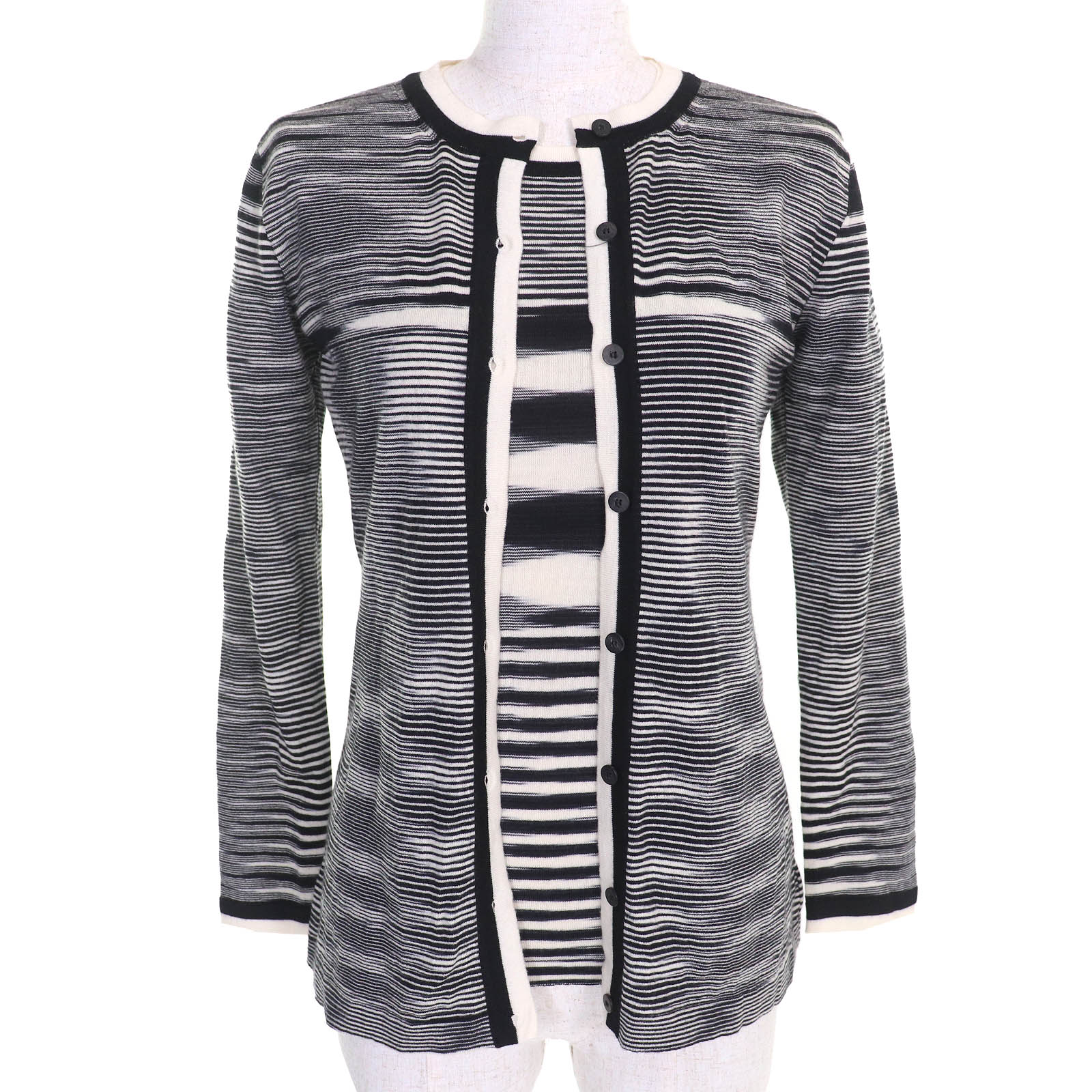 極美品△Missoni ミッソーニ ウール100％ マルチボーダー ニット カーディガン 半袖トップス アンサンブル ブラック ホワイト 42/40 イタリア製 正規品 レディース【中古】