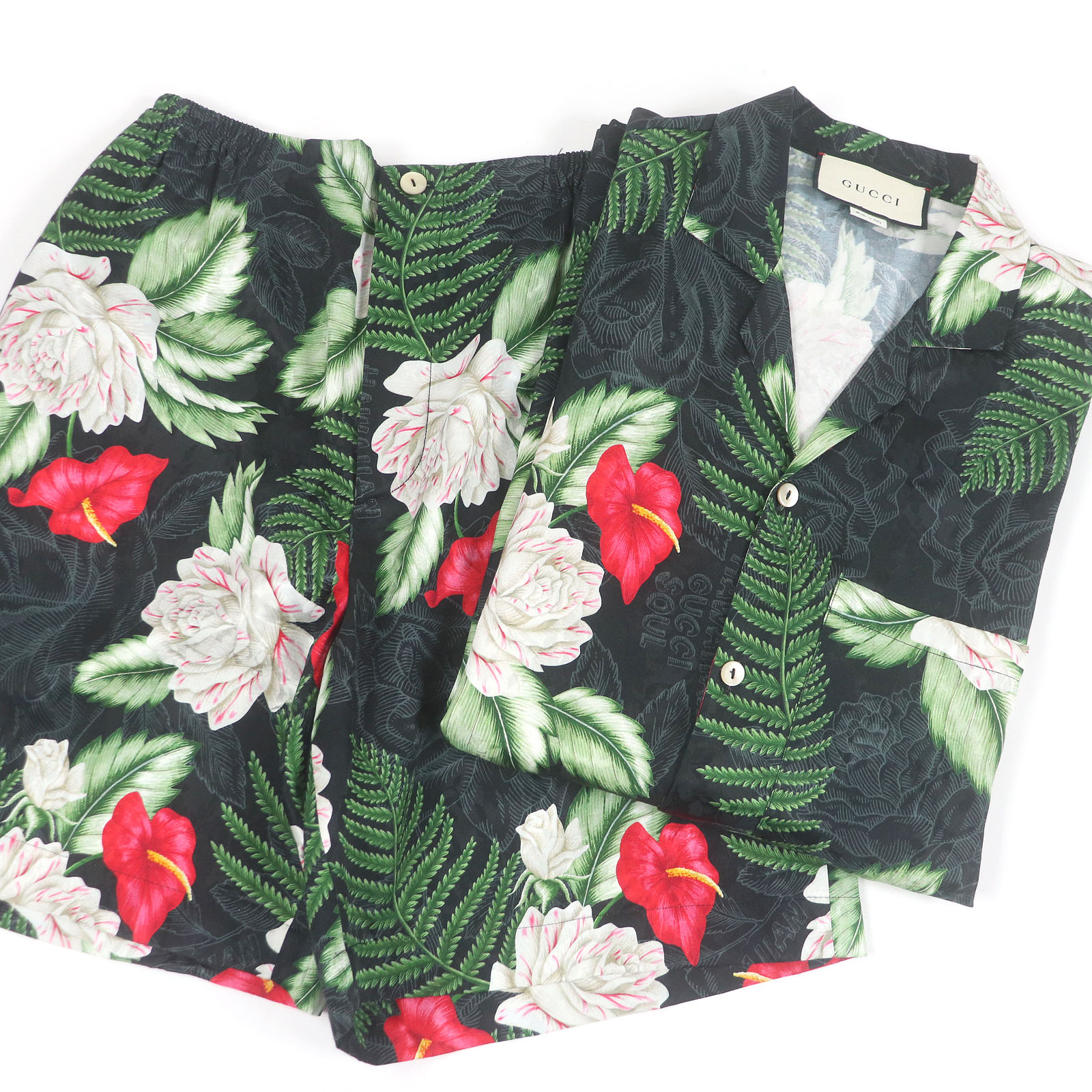 極美品□GUCCI グッチ 624524/619073 シルク混 半袖 アロハシャツ ショートパンツ セットアップ ブラック 48/46 イタリア製 正規品 メンズ【中古】