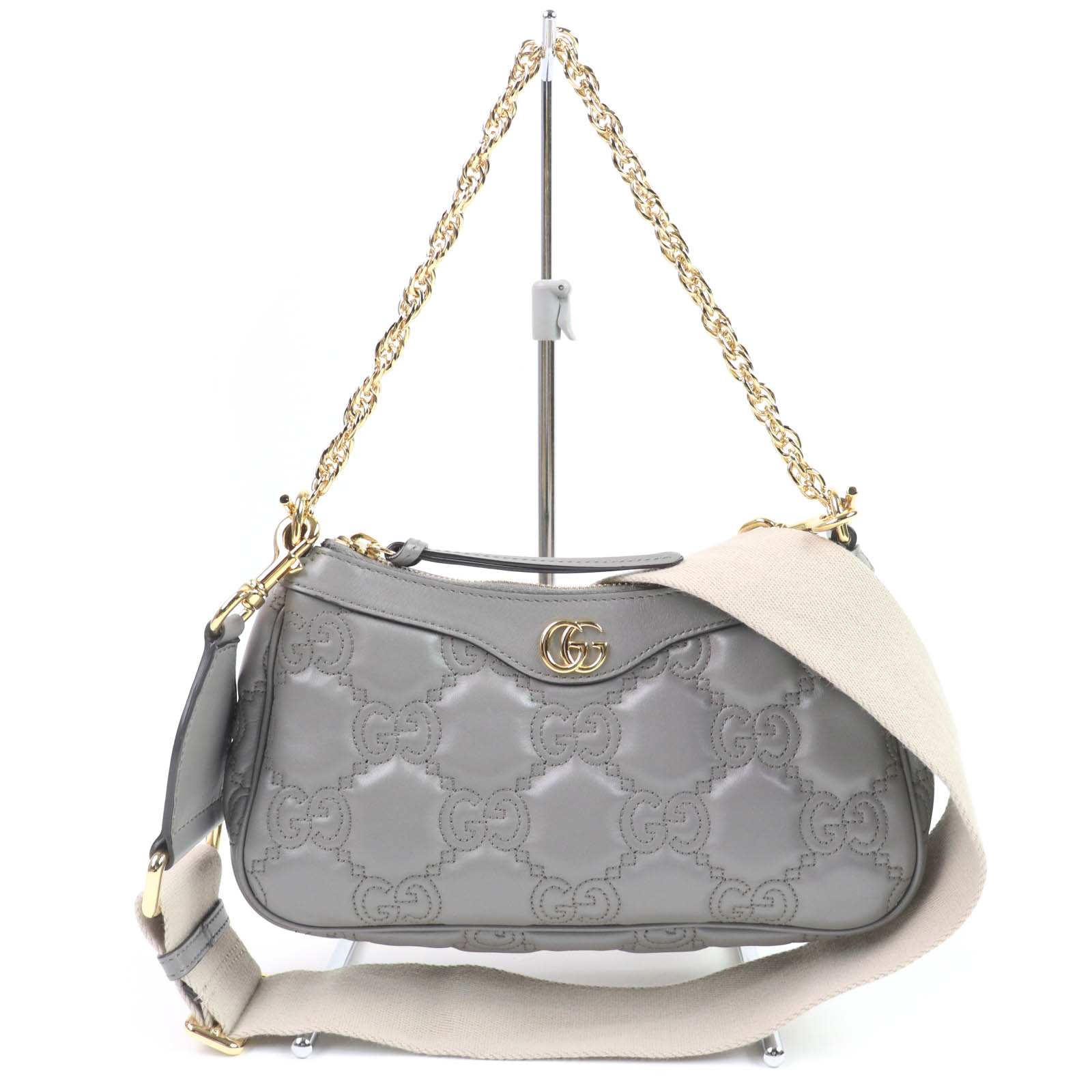 良品☆GUCCI グッチ 735049 GGマトラッセ レザー 2WAY ハンドバッグ ショルダーバッグ グレー 保存袋付き イタリア製 レディース【中古】