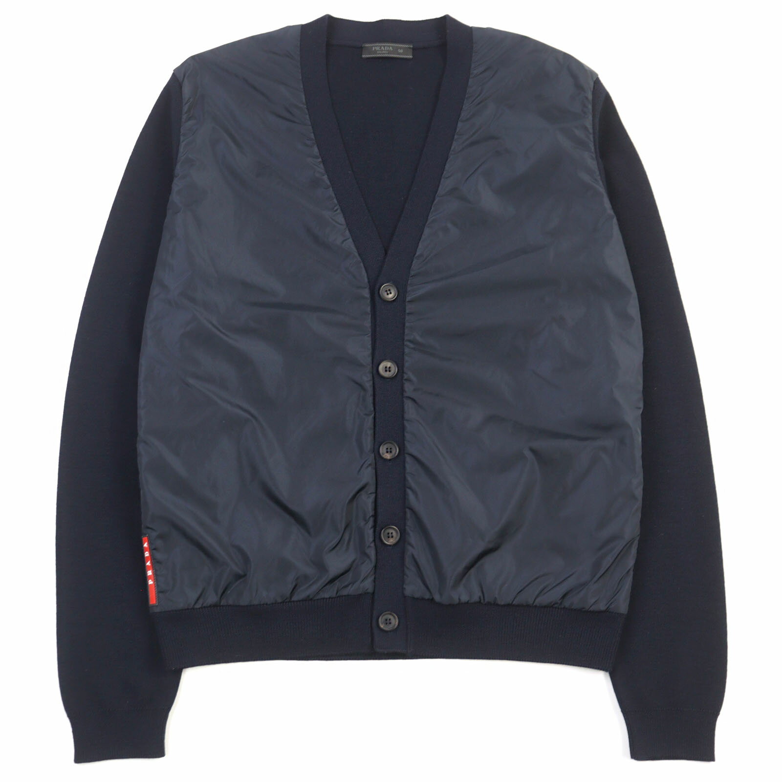 美品○PRADA プラダ SMC381 ウール ロゴパッチ付き ナイロン切替 ニットカーディガン ネイビー 50 正規品 メンズおすすめ【中古】