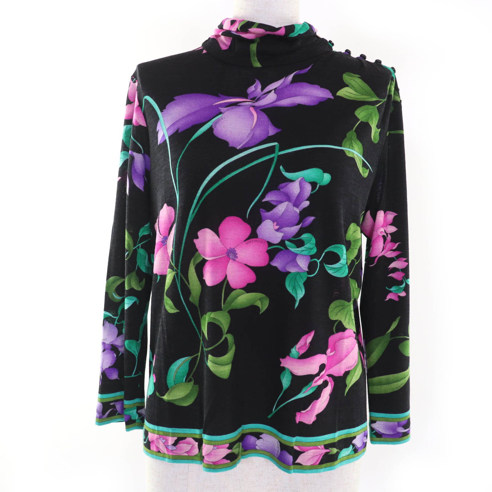 良品☆LEONARD FASHION レオナール ファッション ウール ハイネック 花柄 カットソー トップス ブラック 40 日本製 正規品 レディース【中古】