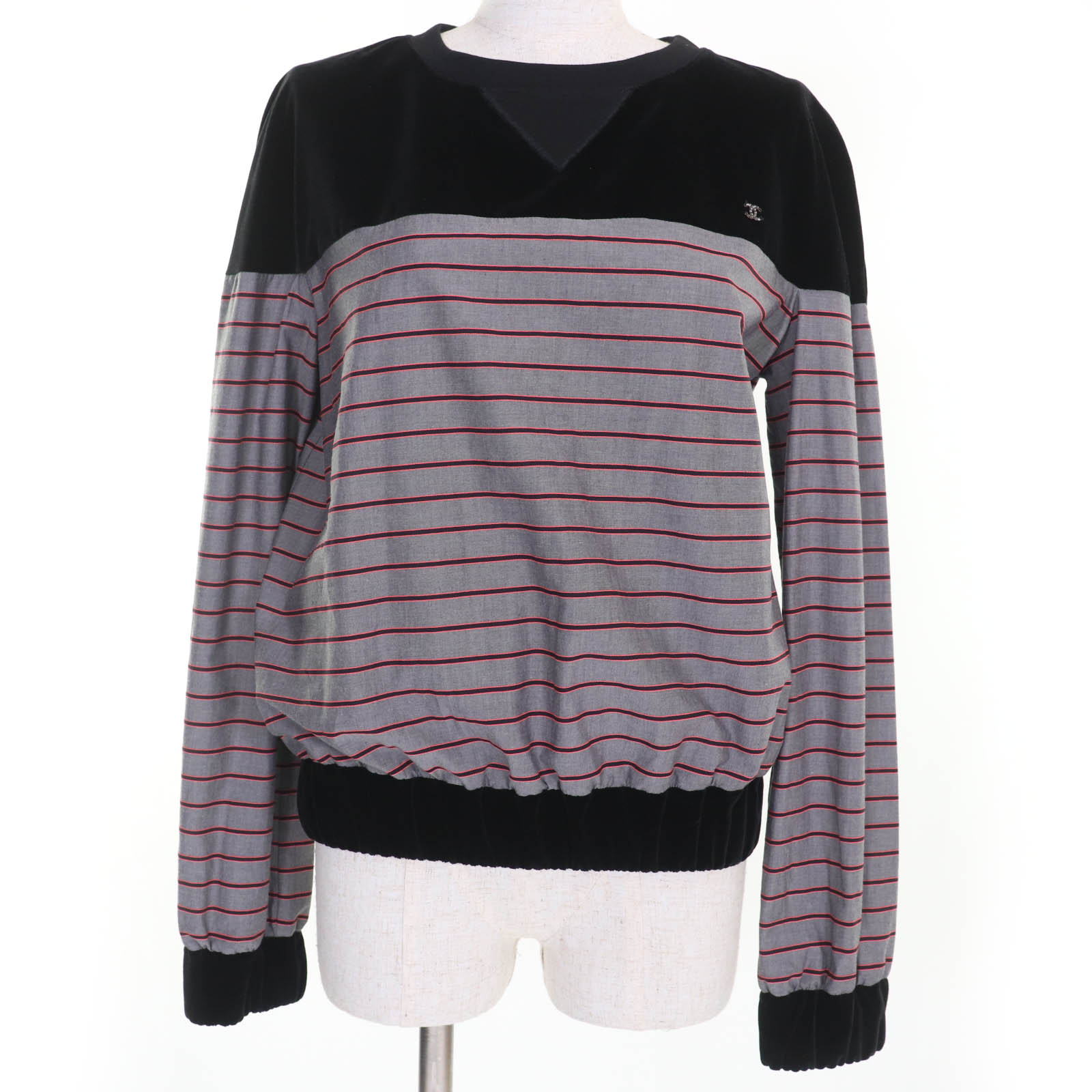極美品☆CHANEL シャネル 22AW P73405V64996 ココマーク ボーダー柄 ベルベット切替 トップス ブラック系 36 イタリア製 正規品 レディース【中古】