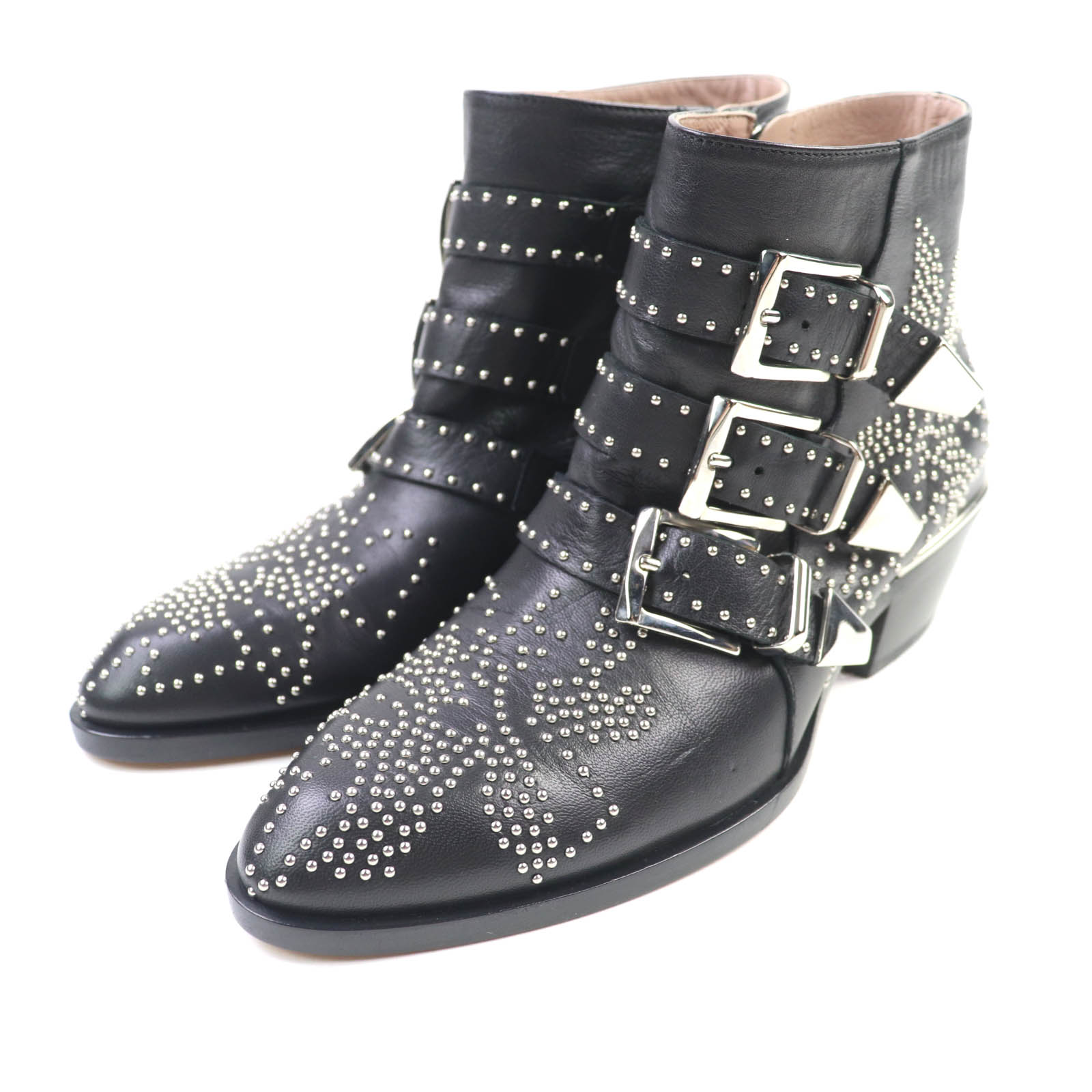 極美品★Chloe クロエ SUSANNA スタッズ付 ベルトデザイン サイドZIP レザー アンクルブーツ ブラック シルバー金具 35 イタリア製 レディース【中古】