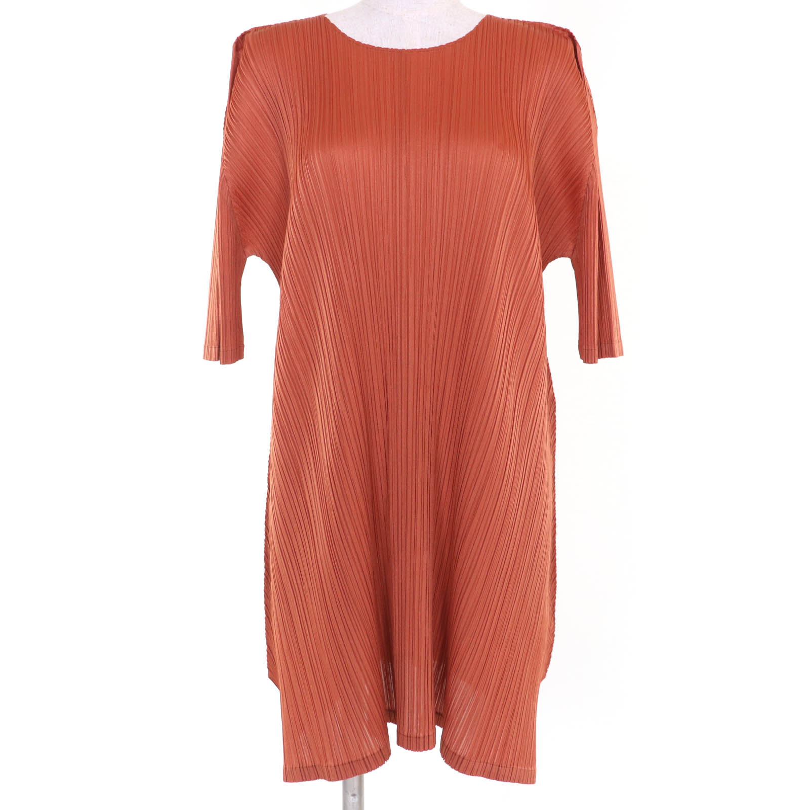 極美品☆PLEATS PLEASE プリーツプリーズ イッセイミヤケ PP81-JT223 半袖 ワンピース オレンジ系 3 日本製 正規品 レディース【中古】
